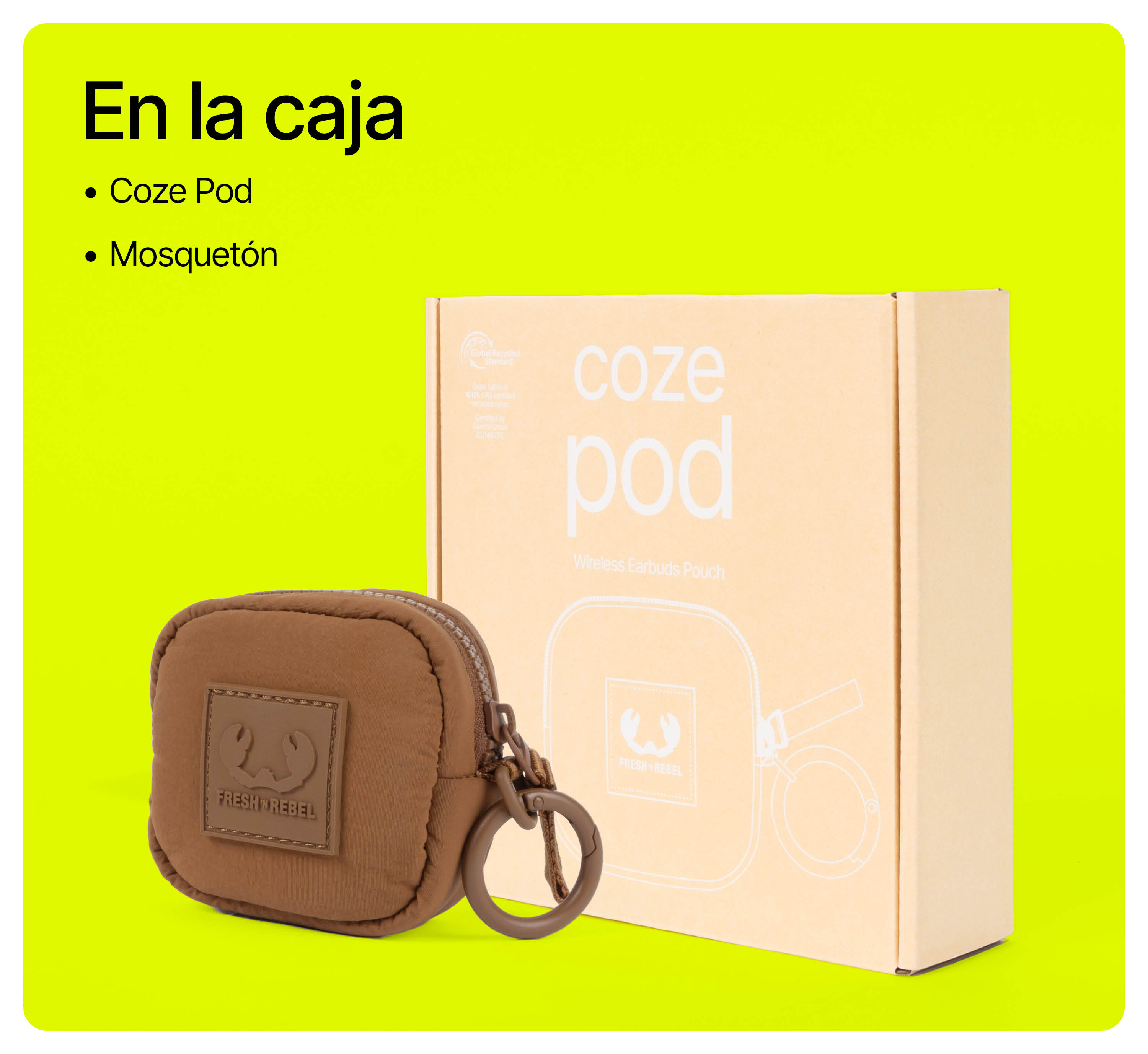 Una bolsa Coze Pod marrón con mosquetón frente a una caja de embalaje beige sobre fondo amarillo neón.