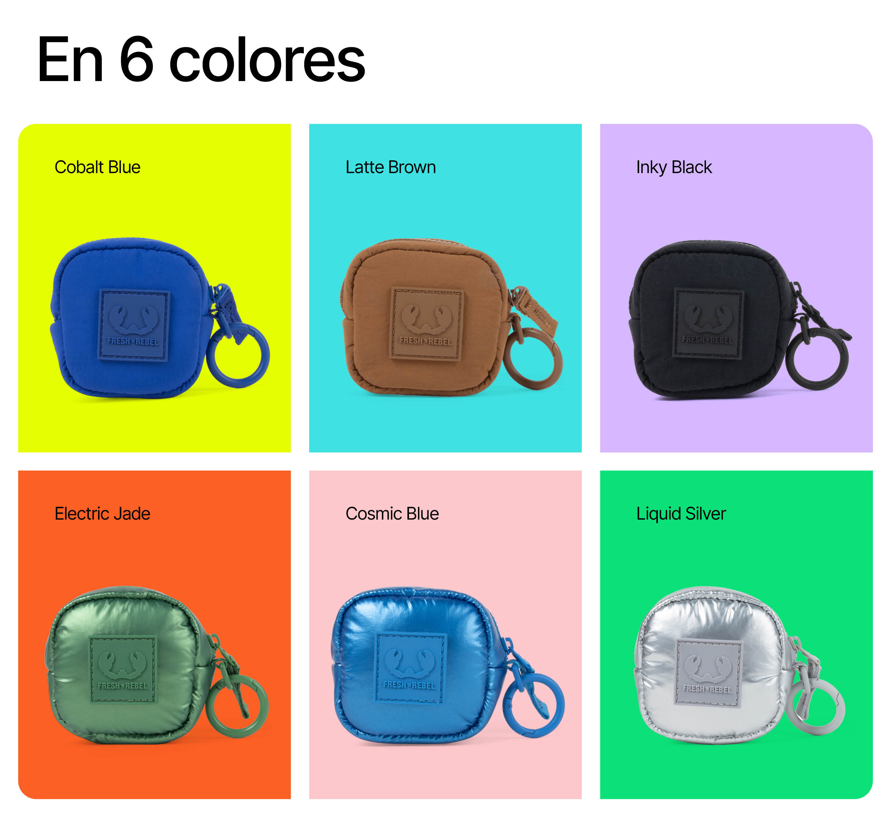 Seis estuches cuadrados y acolchados de diferentes colores con llaveros sobre fondos de colores.