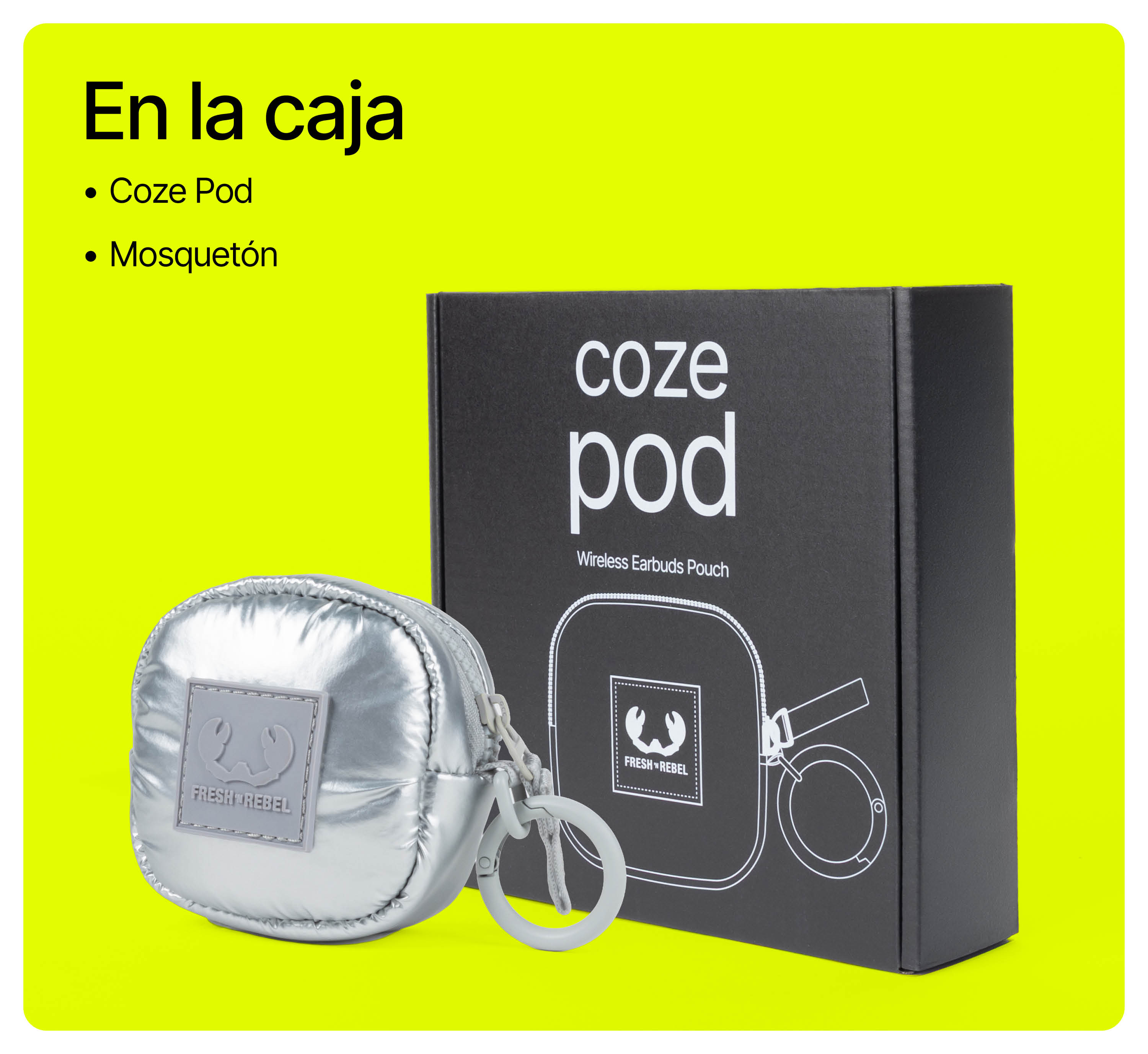 Coze Pod plateado con mosquetón frente a un empaque negro sobre fondo amarillo neón.