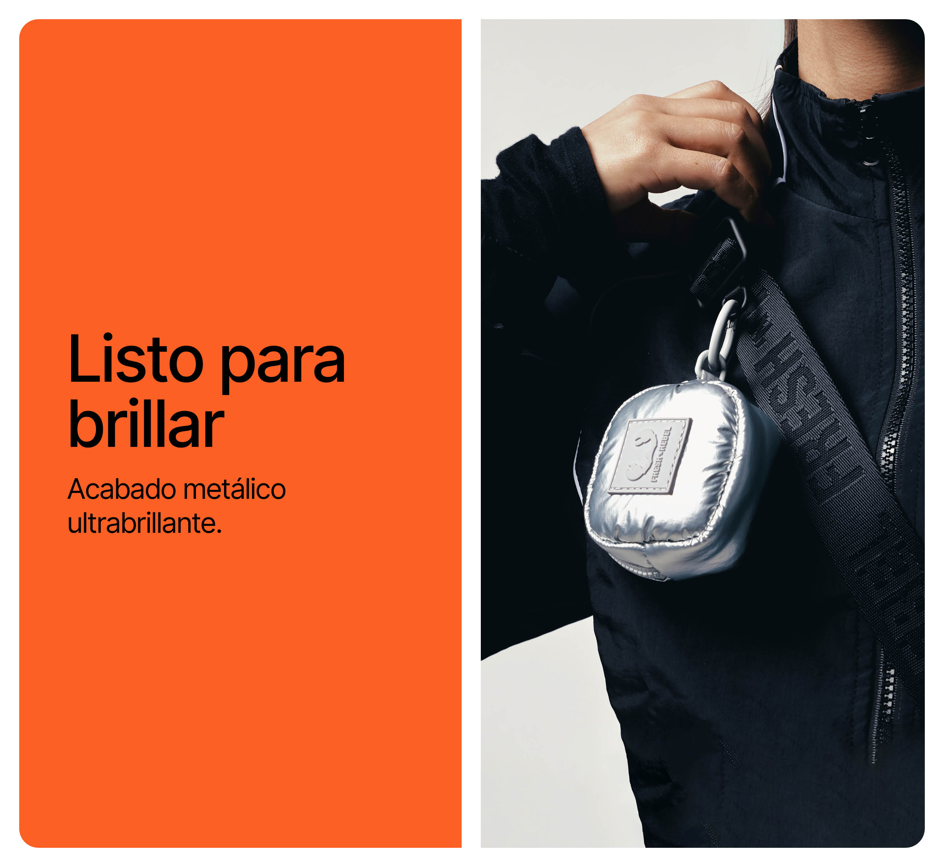 Una persona con chaqueta negra lleva un bolso plateado pequeño colgado. A la izquierda hay texto en español sobre fondo naranja.