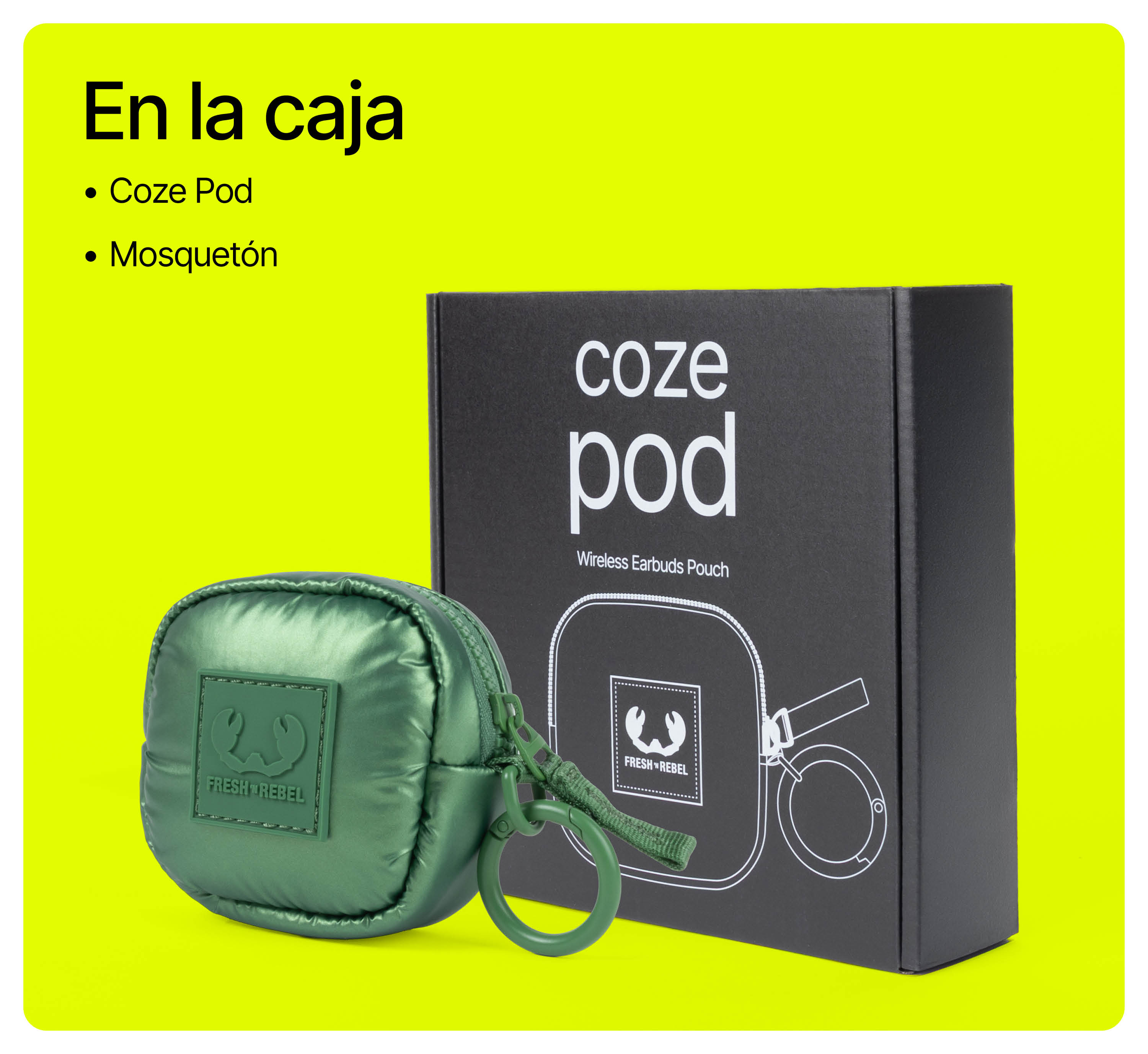Una funda verde Coze Pod con mosquetón frente a su caja de producto negra sobre fondo amarillo.