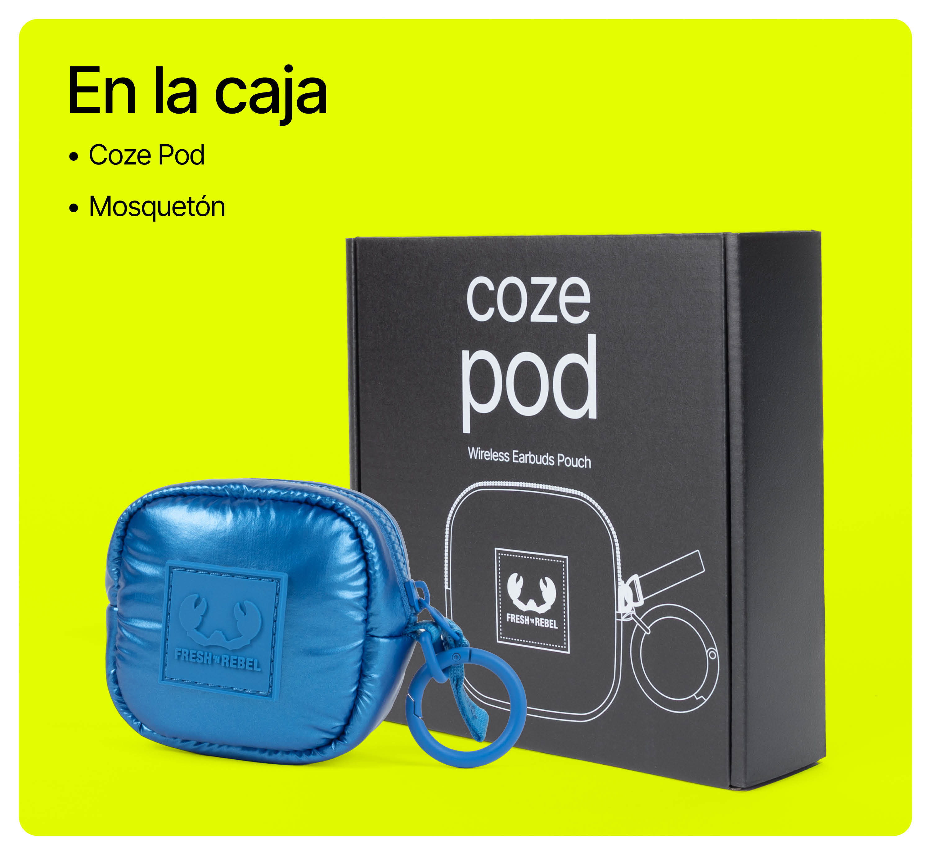 Estuche Coze Pod azul con mosquetón frente a una caja de producto negra sobre fondo amarillo.