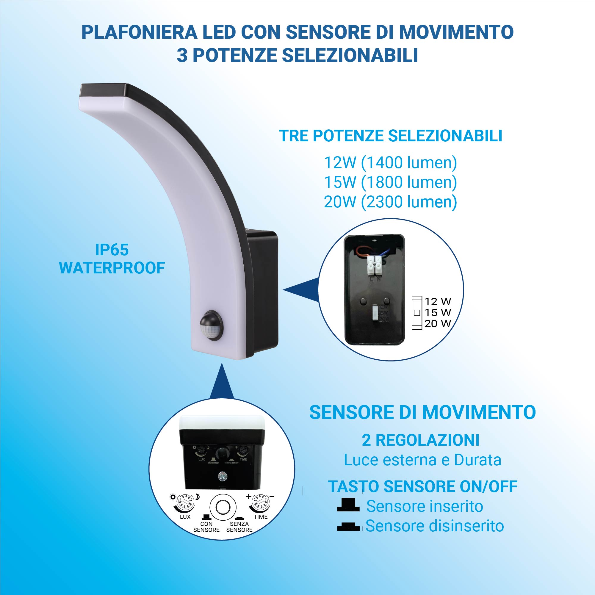 Plafoniera LED impermeabile con sensore di movimento, tre potenze selezionabili e regolazioni.