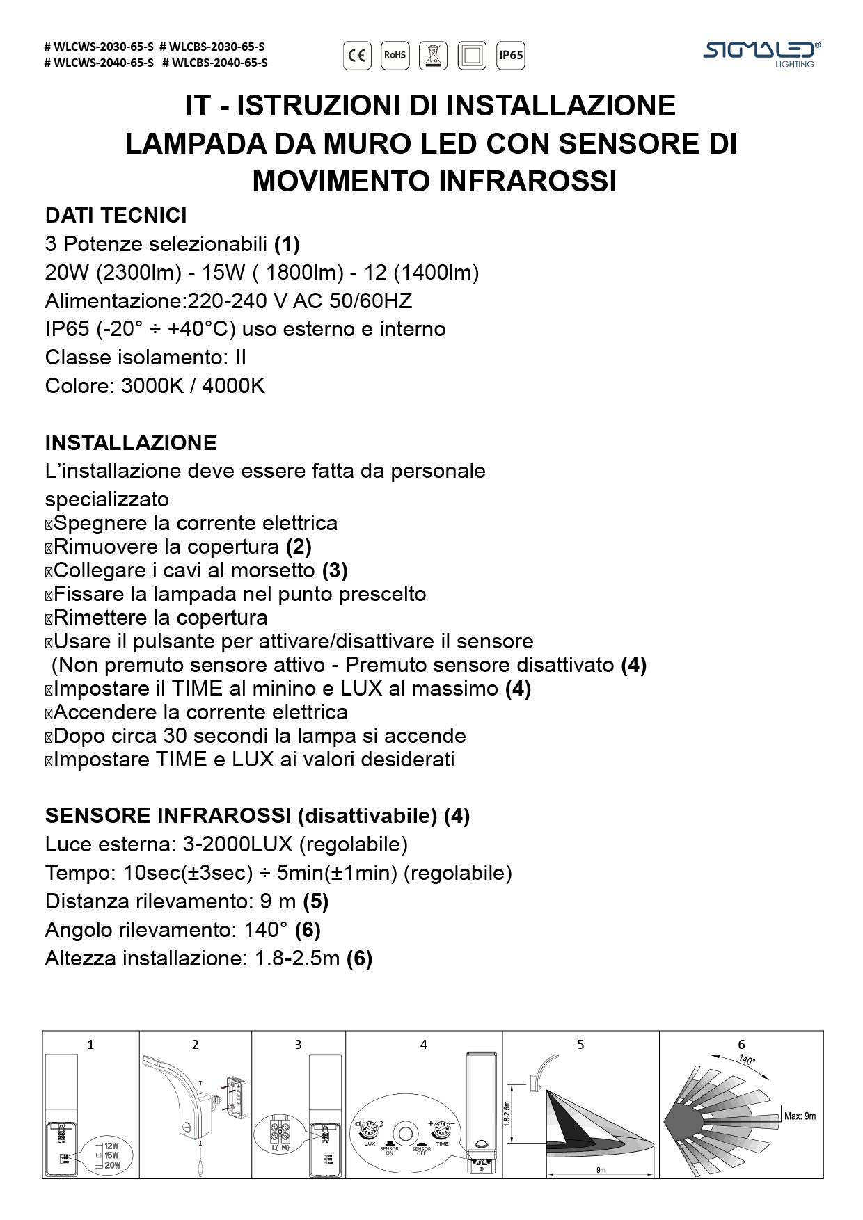 Guida all'installazione in italiano per lampada da muro LED con sensore di movimento e dati tecnici.