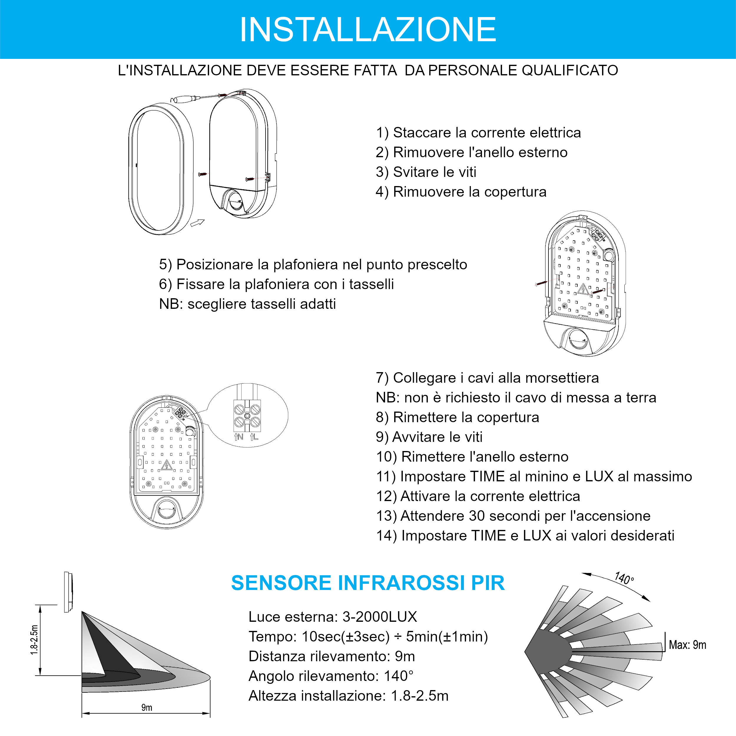 Guida tecnica di installazione per plafoniera LED con sensore a infrarossi PIR e schemi.