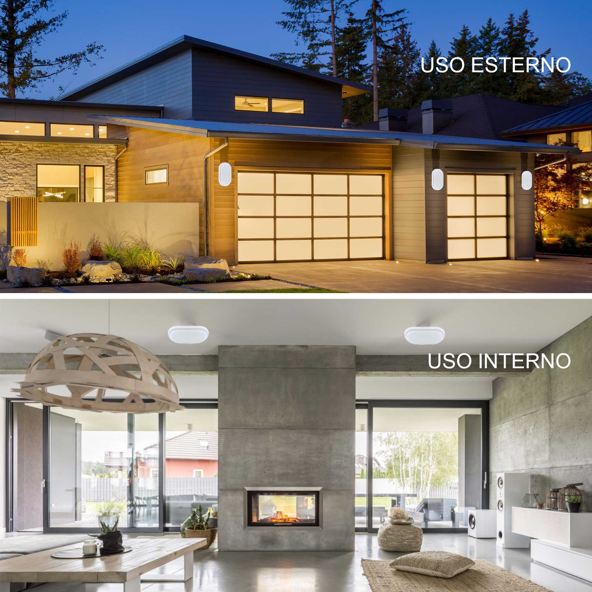 Moderne luci da parete illuminano l'esterno di una casa e un soggiorno interno con caminetto.