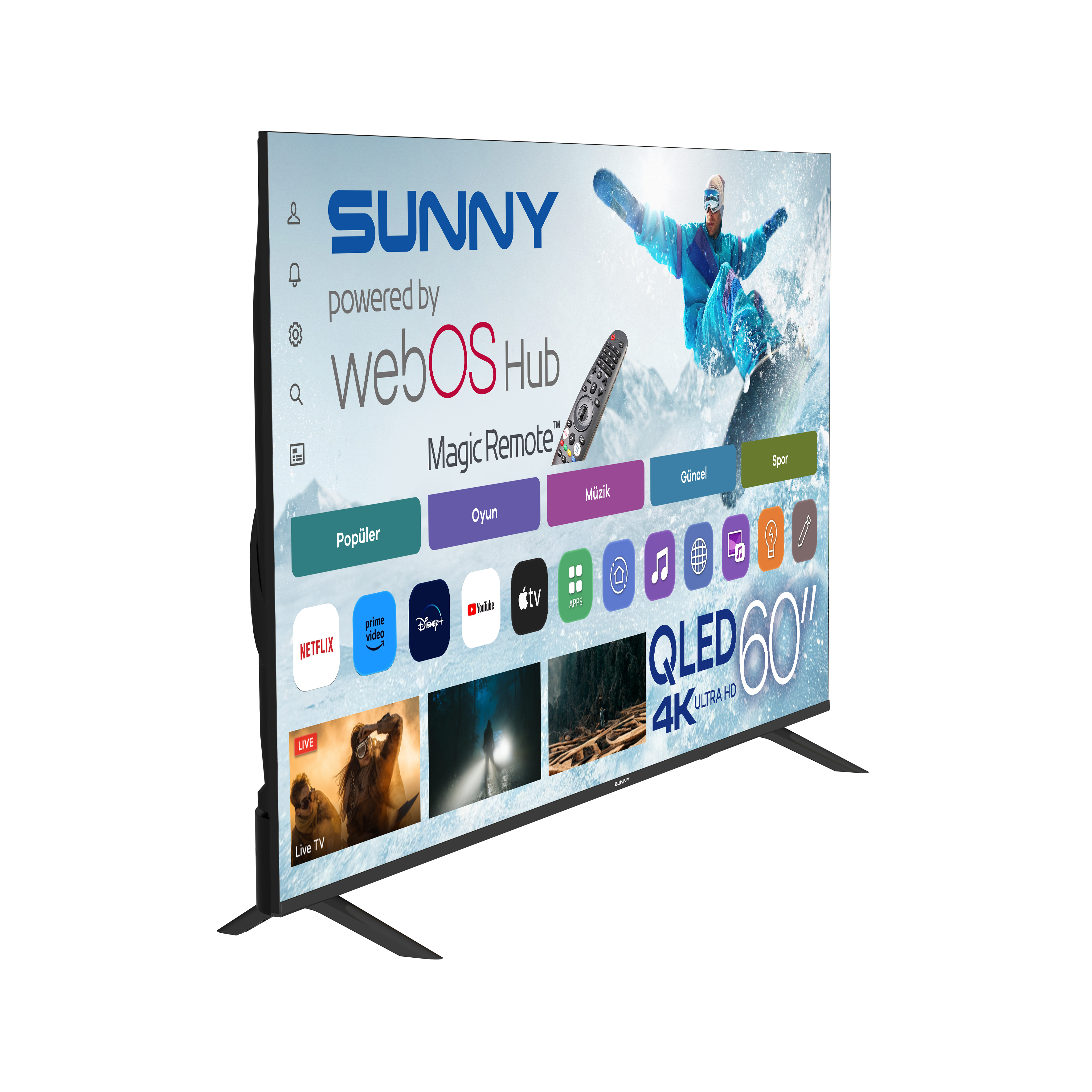 Açılı duran 60 inç Sunny QLED 4K TV, uygulama simgeleriyle webOS Hub ana ekranını gösteriyor.