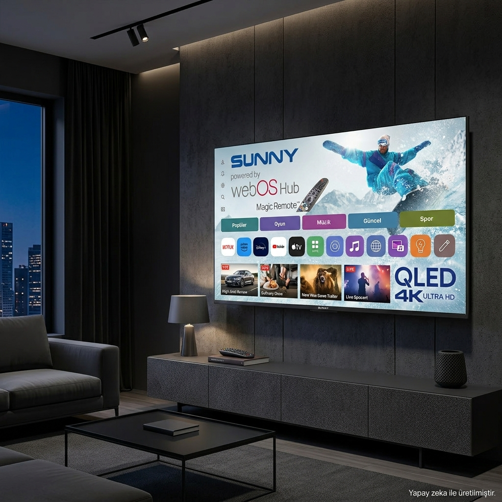 Duvara monte TV, gri koltuk, sehpa ve şehir manzaralı modern oturma odası.