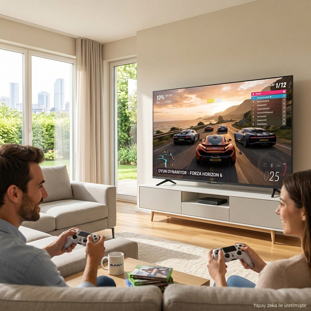 Aydınlık ve modern bir oturma odasında büyük bir TV'de yarış oyunu oynayan kanepe üzerindeki bir çift.