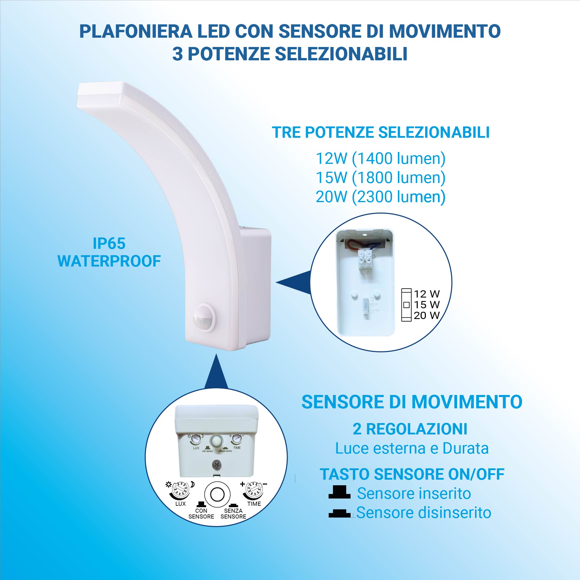 Applique LED bianca con sensore di movimento, IP65, 3 potenze selezionabili e regolazioni di luce e tempo.