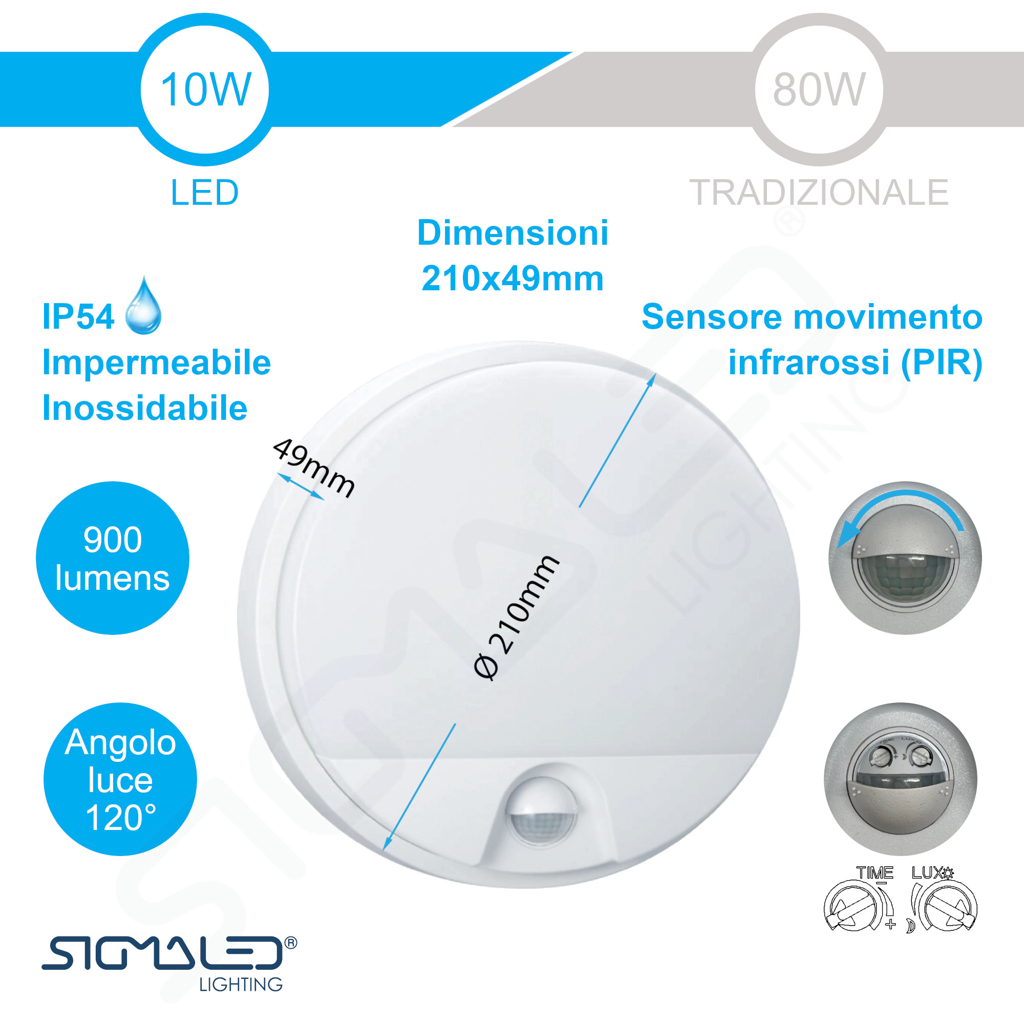 Dettagli tecnici di una plafoniera LED rotonda bianca da 10W con sensore di movimento PIR e dimensioni 210x49 mm.
