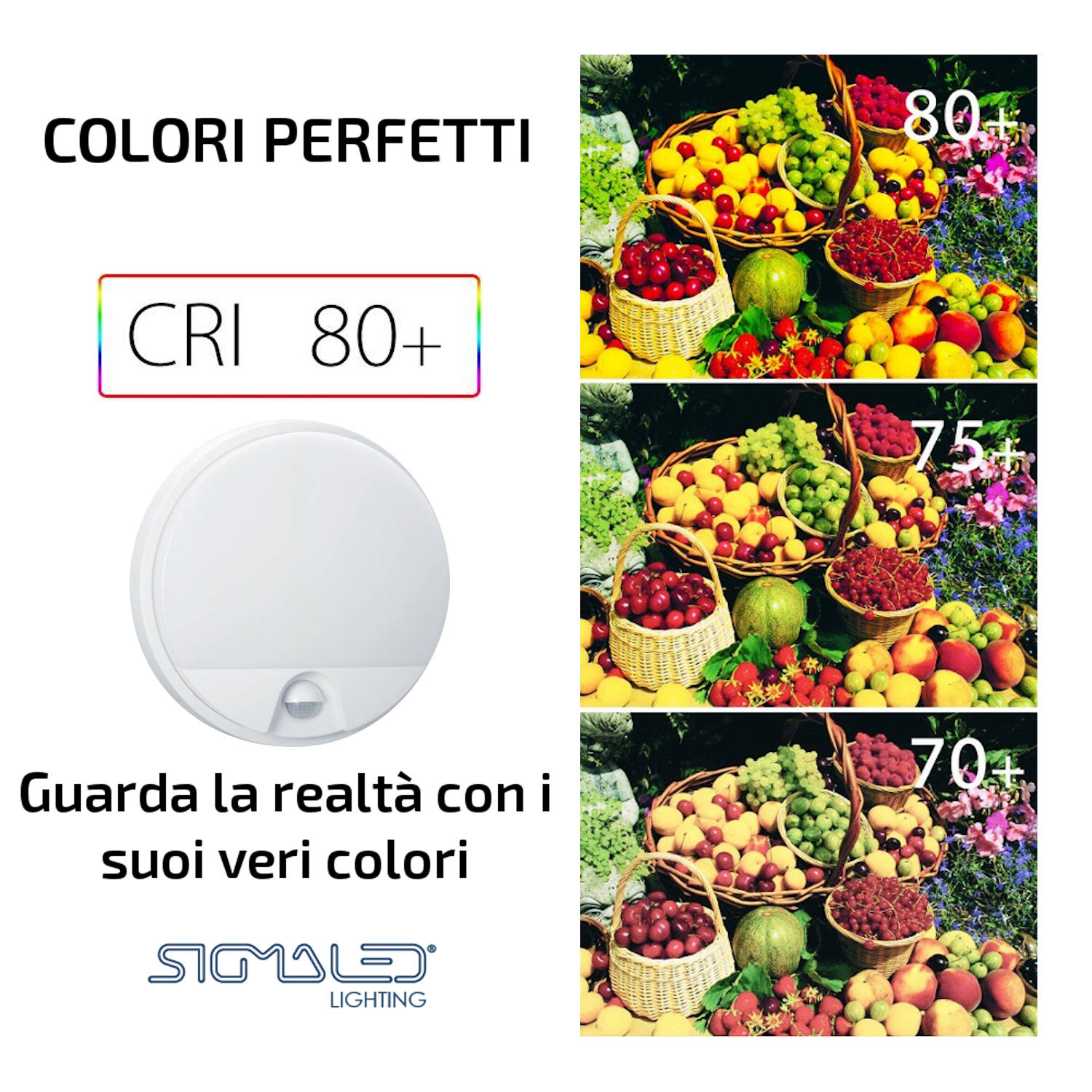 Pubblicità di luce LED che confronta gli indici di resa cromatica con cesti di frutta fresca a livelli CRI 80+, 75+ e 70+.