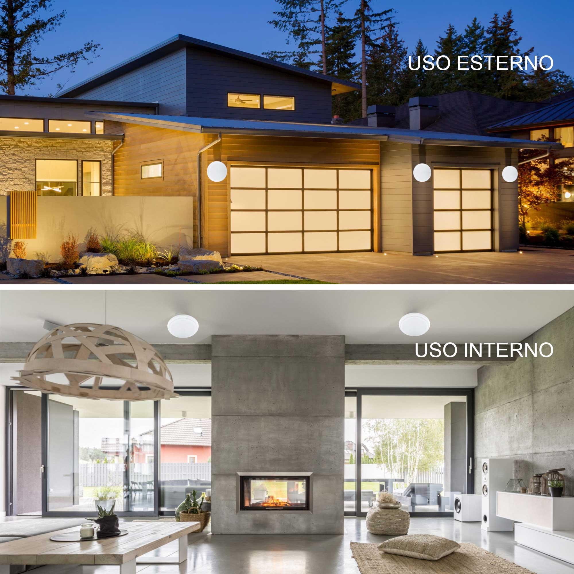 Esterno di una casa moderna con illuminazione e soggiorno contemporaneo con camino.