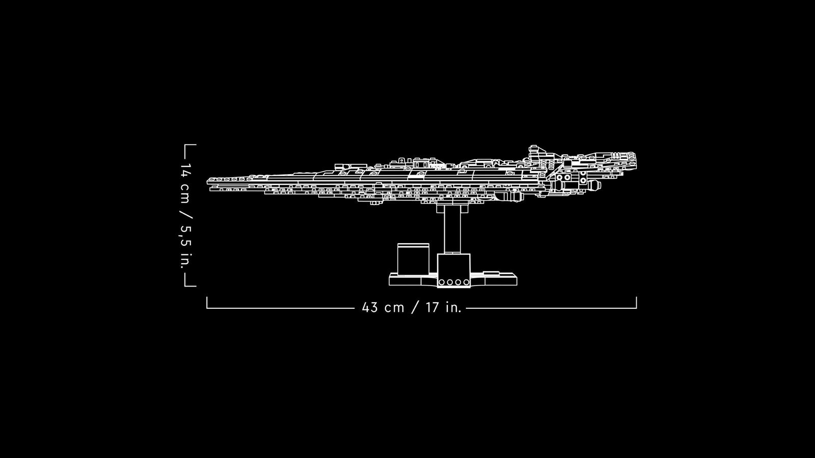 Weißer Bauplan eines LEGO Raumschiffs auf einem Ständer mit Maßen 43 cm mal 14 cm auf schwarzem Hintergrund.
