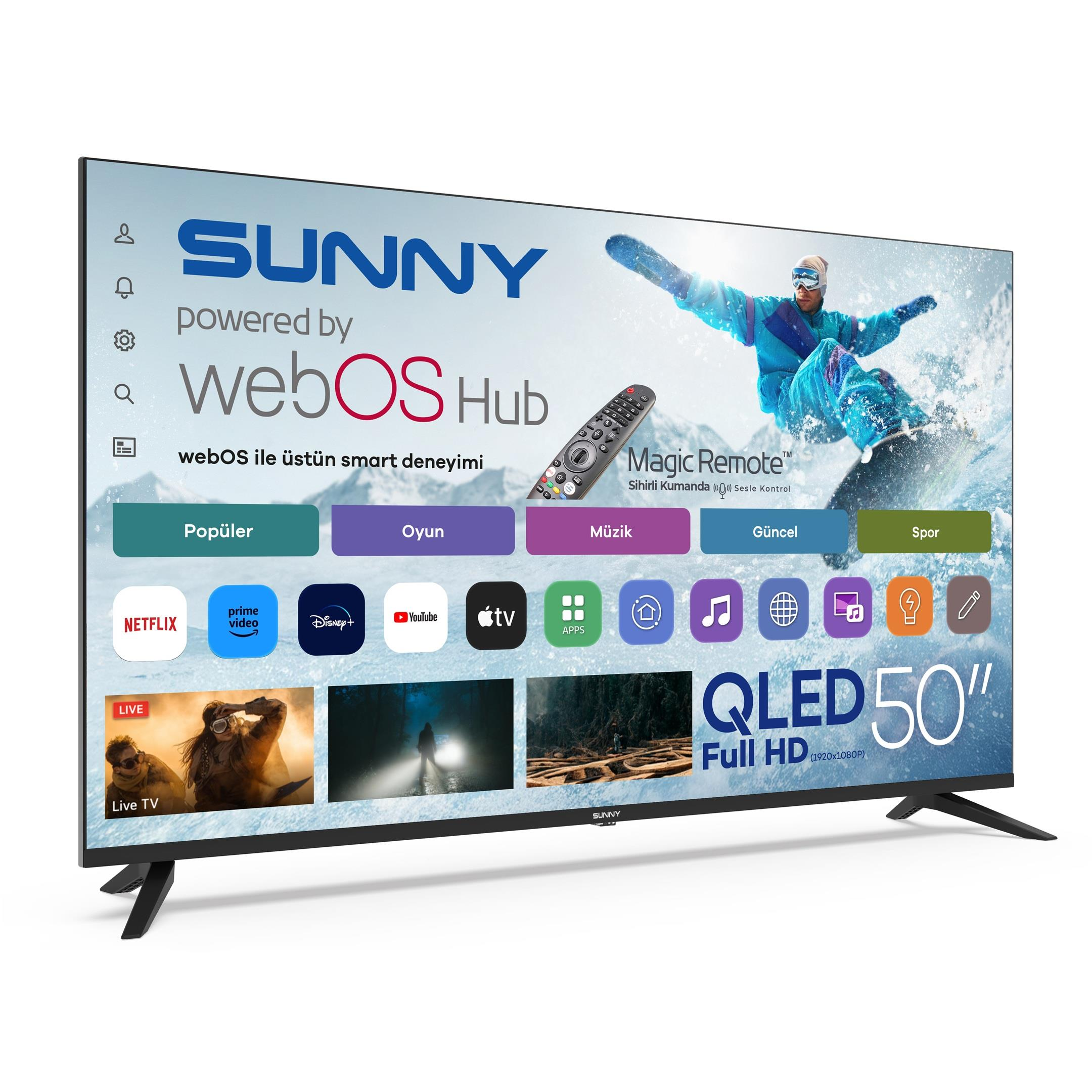 Sunny QLED 50 inç televizyon, WebOS Hub ana ekranını, uygulama simgelerini ve bir snowboardcu görselini gösteriyor.