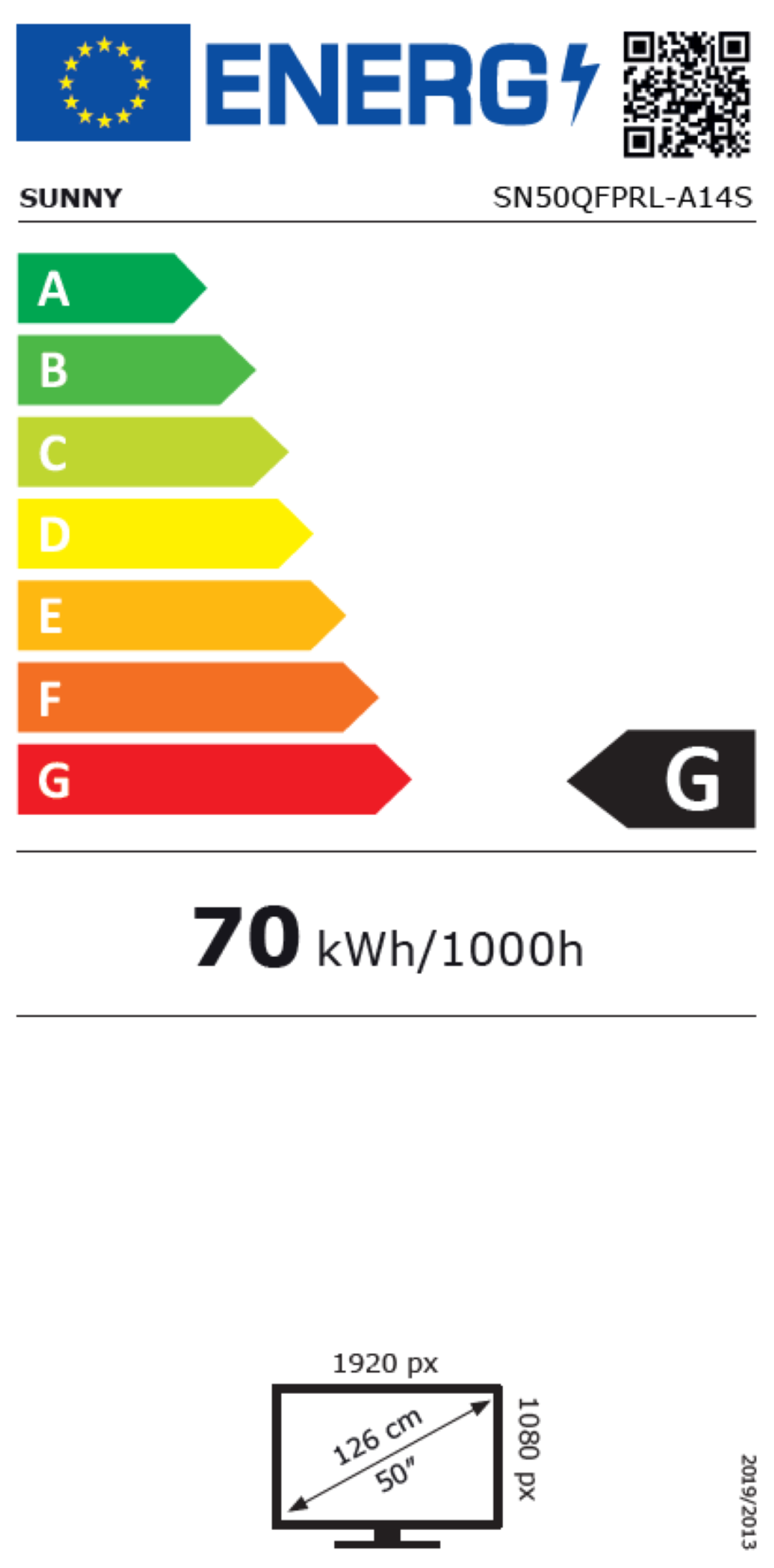 G enerji verimliliği etiketi, 50 inç ekran için 70 kWh/1000h gösteriyor.