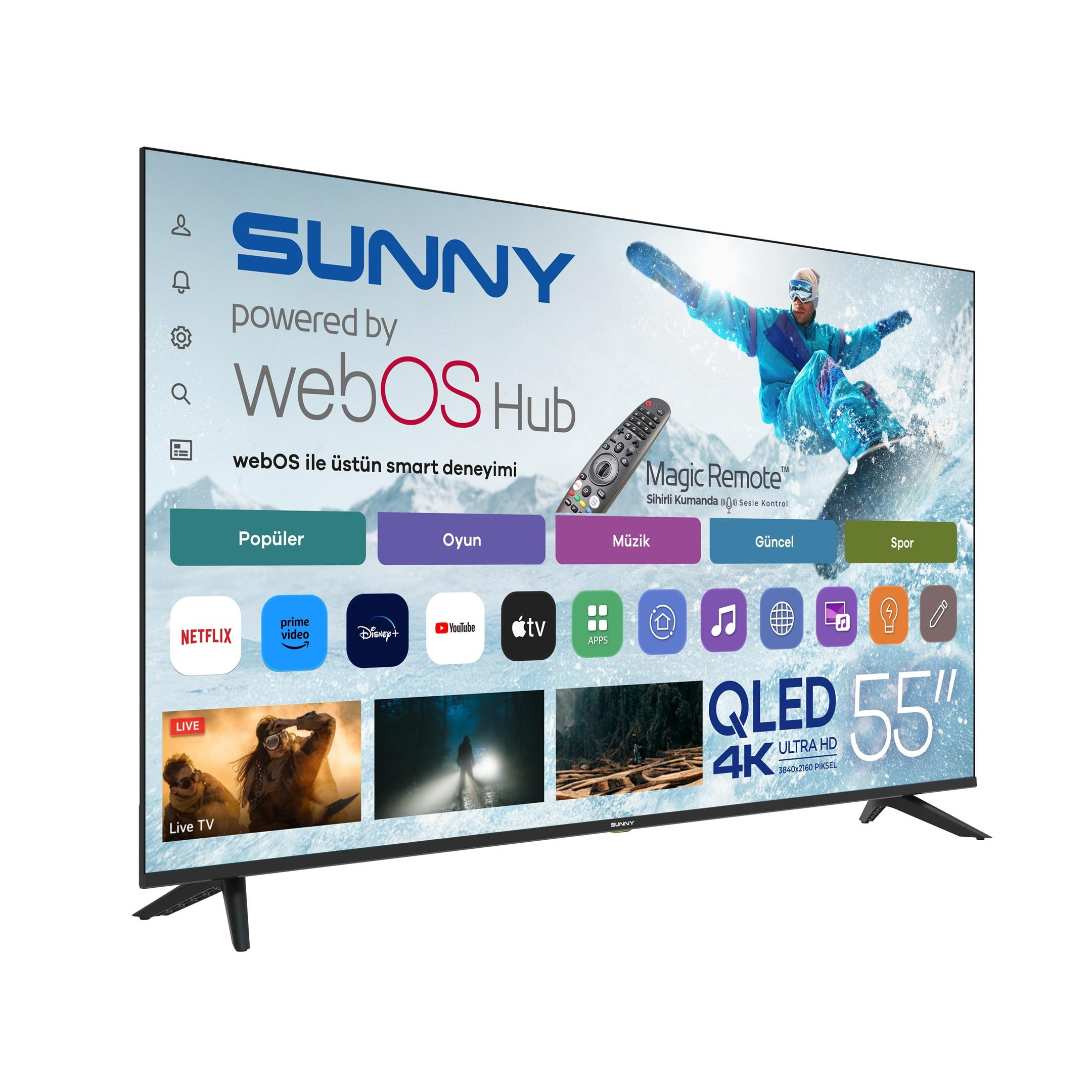 Uygulama simgeleri ve webOS Hub arayüzünü gösteren Sunny 55 inç QLED 4K TV.