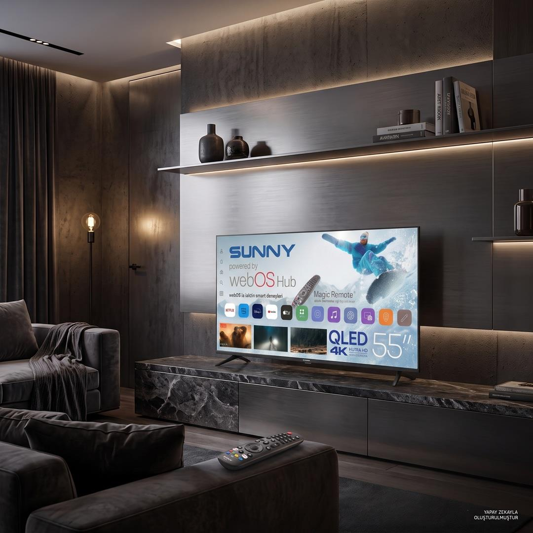 Mermer konsol üzerinde büyük bir akıllı TV, aydınlatmalı raflar ve koyu renkli kanepeler içeren modern bir oturma odası.