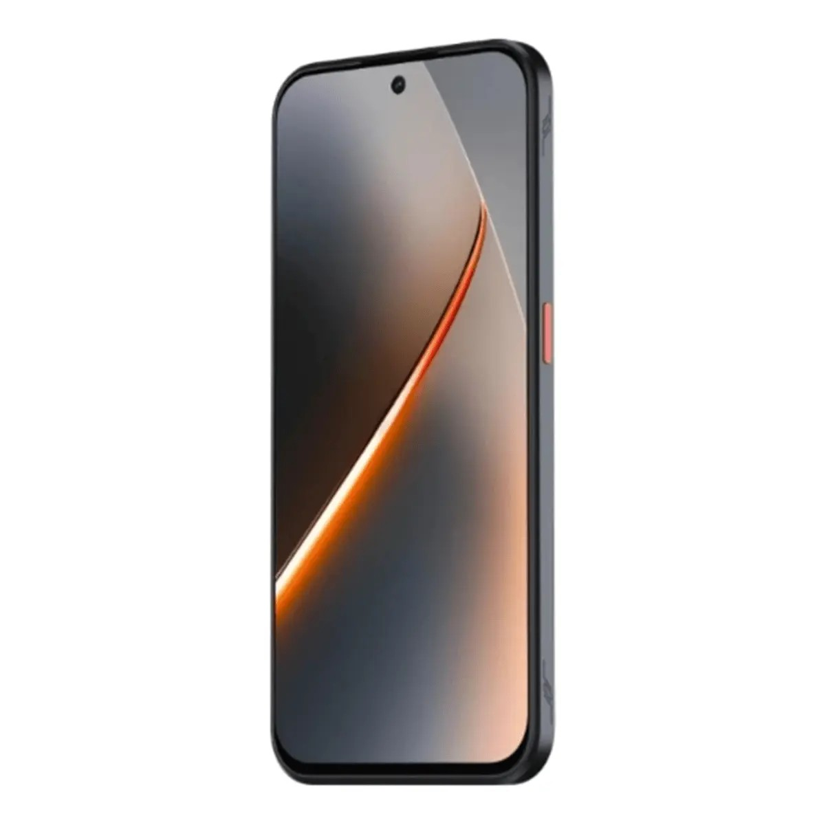Ein schwarzes Smartphone mit abgerundeten Ecken und einer geschwungenen orangefarbenen Lichtlinie auf dem Display.