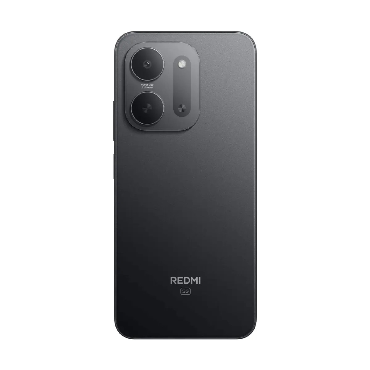 Die Rückseite eines grauen Redmi 5G Smartphones mit Dual-Kamera und Redmi-Logo.