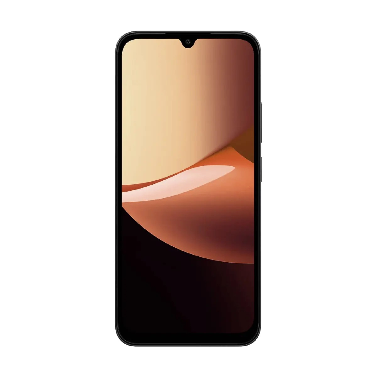 Ein schwarzes Smartphone mit Wassertropfen-Notch und abstraktem, warmen Farbverlauf-Hintergrund.