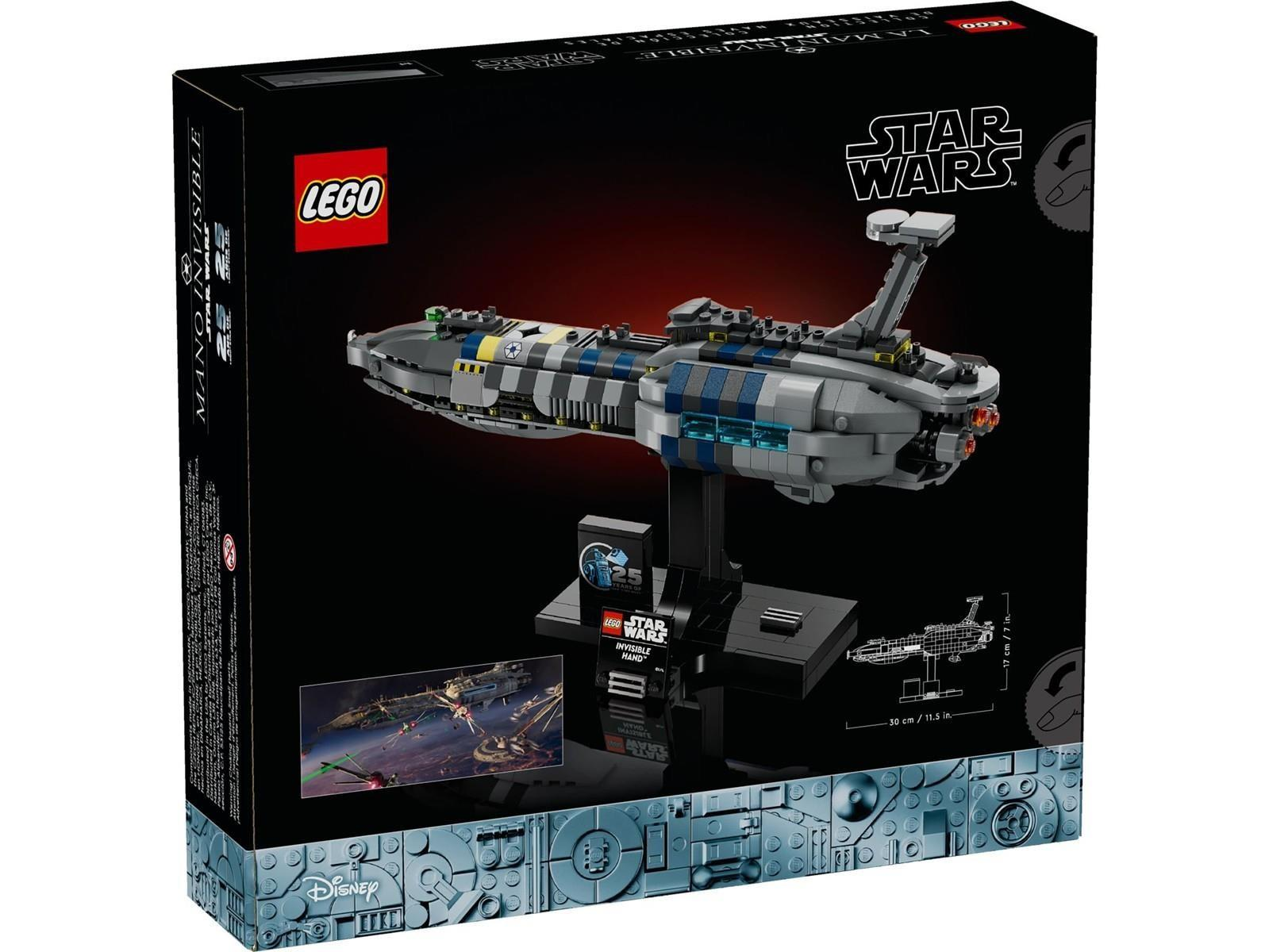 Lego Star Wars Set der Invisible Hand auf einem schwarzen Ständer vor einer schwarz-roten Verpackung.