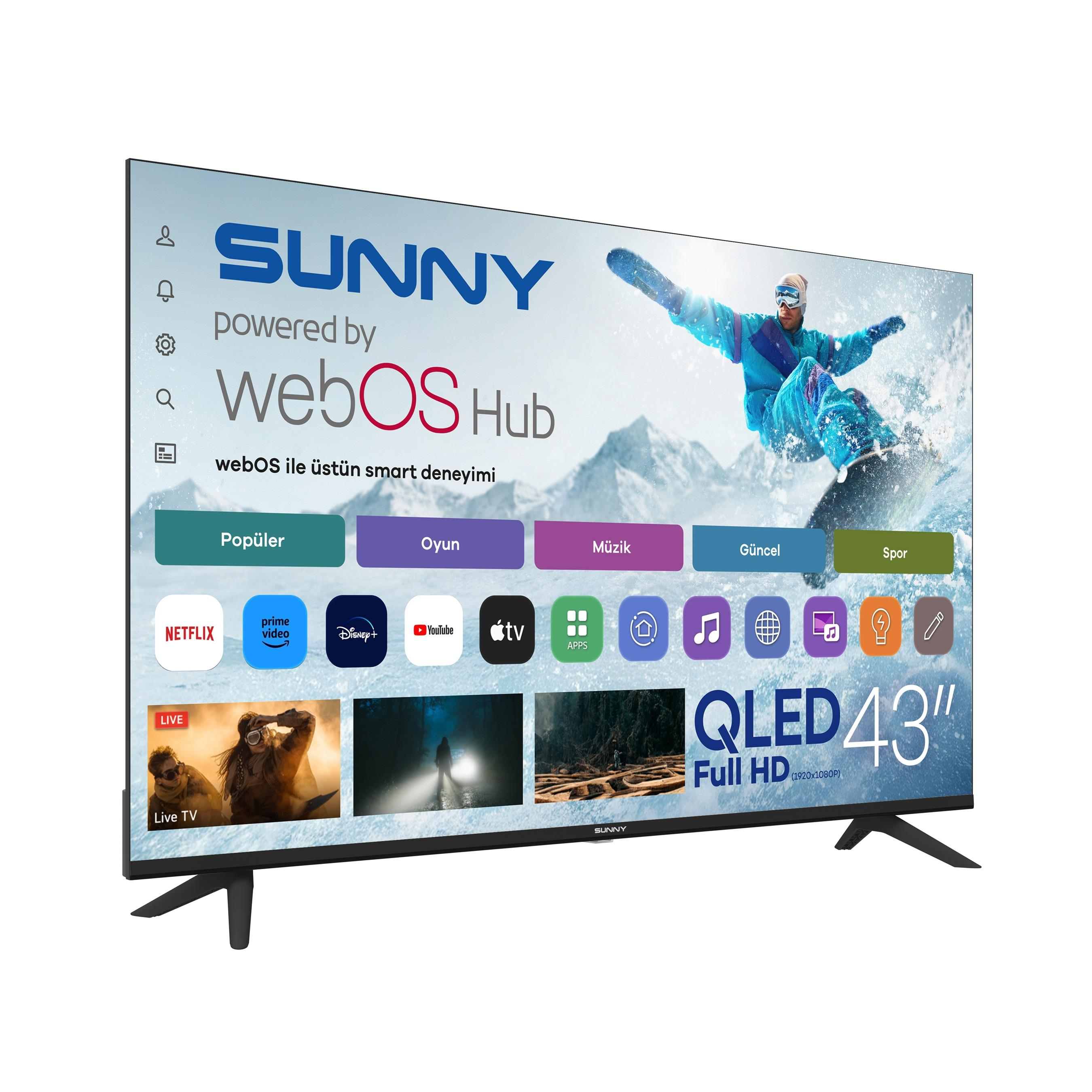 Sunny QLED 43 inç televizyon, uygulama simgeleri ve arka planda bir snowboardcu ile webOS Hub ana ekranını gösteriyor.