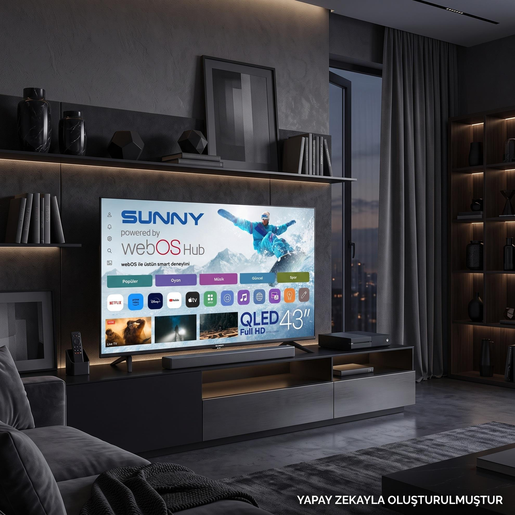 Akıllı menü gösteren büyük bir televizyona sahip modern bir oturma odası, raflar ve gri bir kanepeyle çevrili.