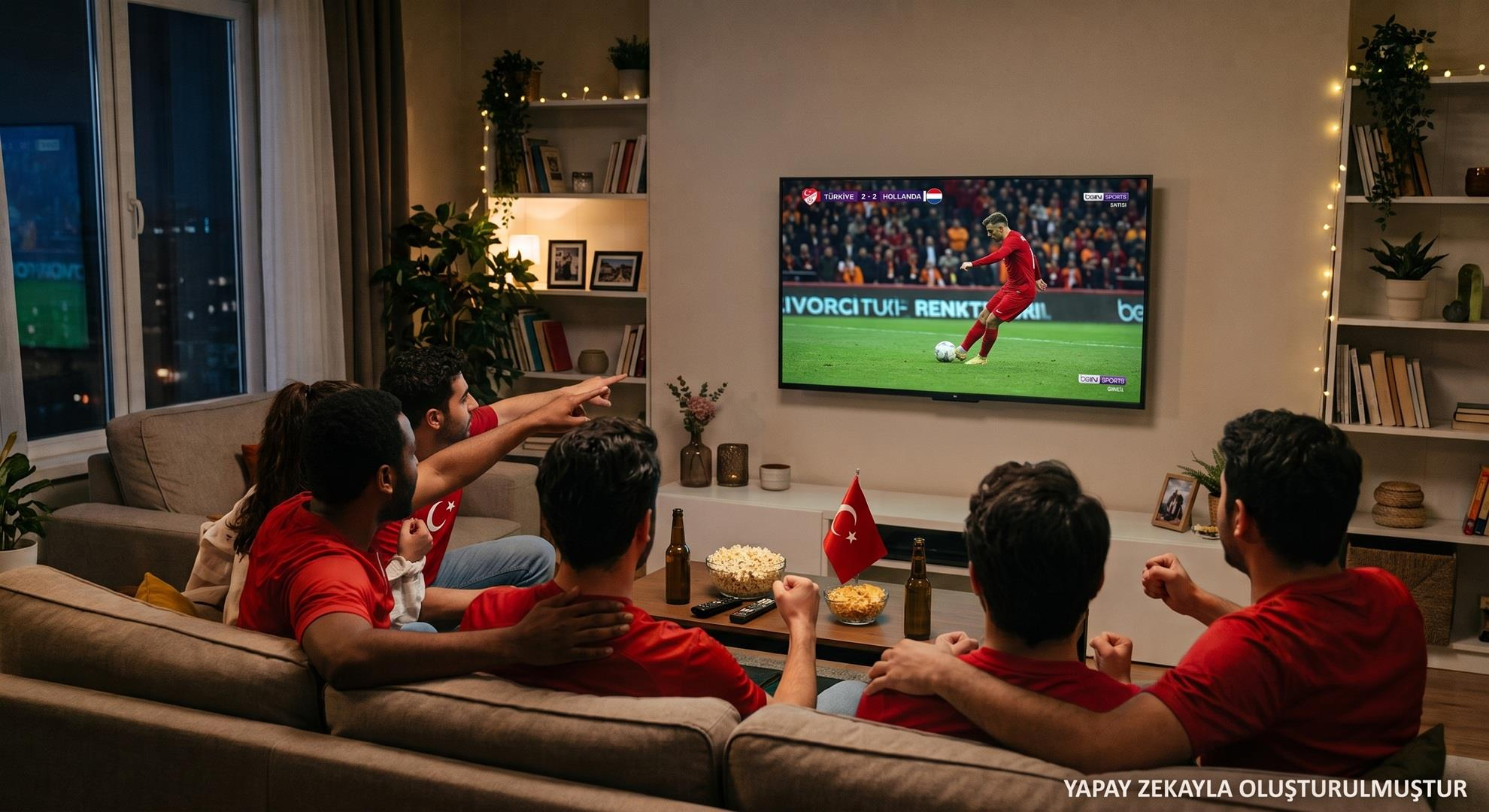 Kırmızı formalı arkadaşlar oturma odasında TV'de futbol maçı izliyor.