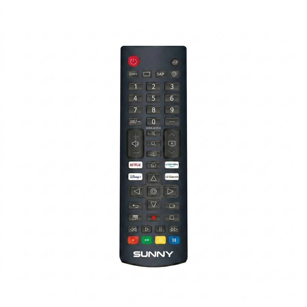 Sayısal tuş takımı, ses düğmeleri ve akış kısayol tuşları olan siyah bir Sunny TV uzaktan kumandası.