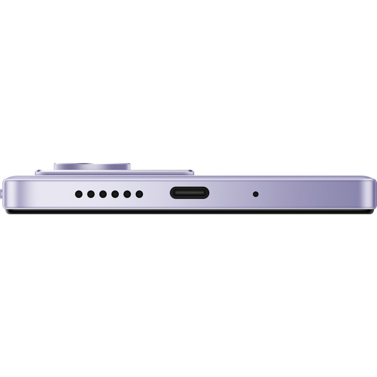 USB-C bağlantı noktası, hoparlör ve mikrofonu gösteren mor akıllı telefonun alt görünümü.
