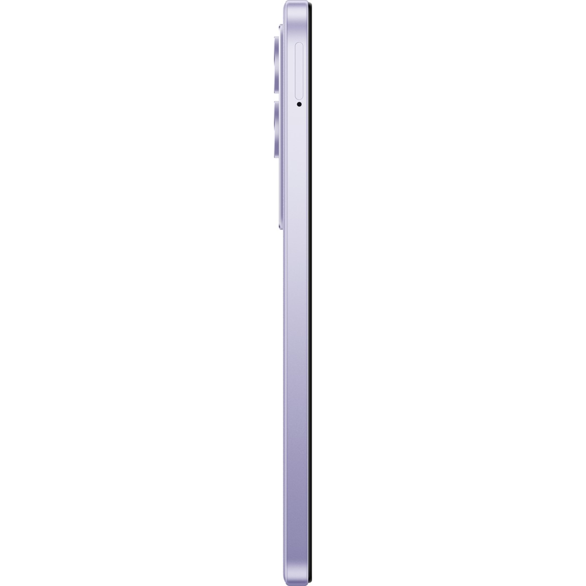 Yan taraftaki düğmeleri ve kamera modülü ile açık mor akıllı telefonun yan görünümü.
