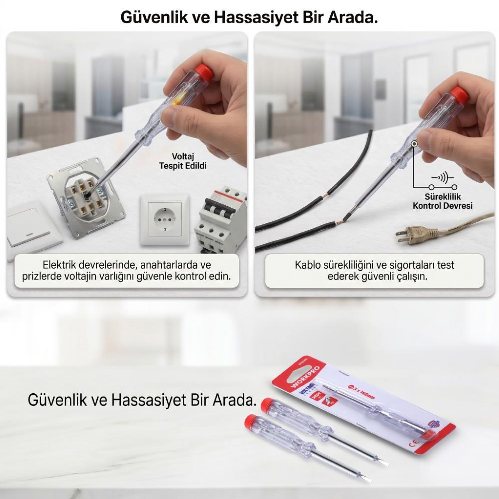 Şeffaf saplı ve ambalajlı iki adet voltaj test kalemi, prizler ve kablolar üzerinde elektrik testi gösteriyor.