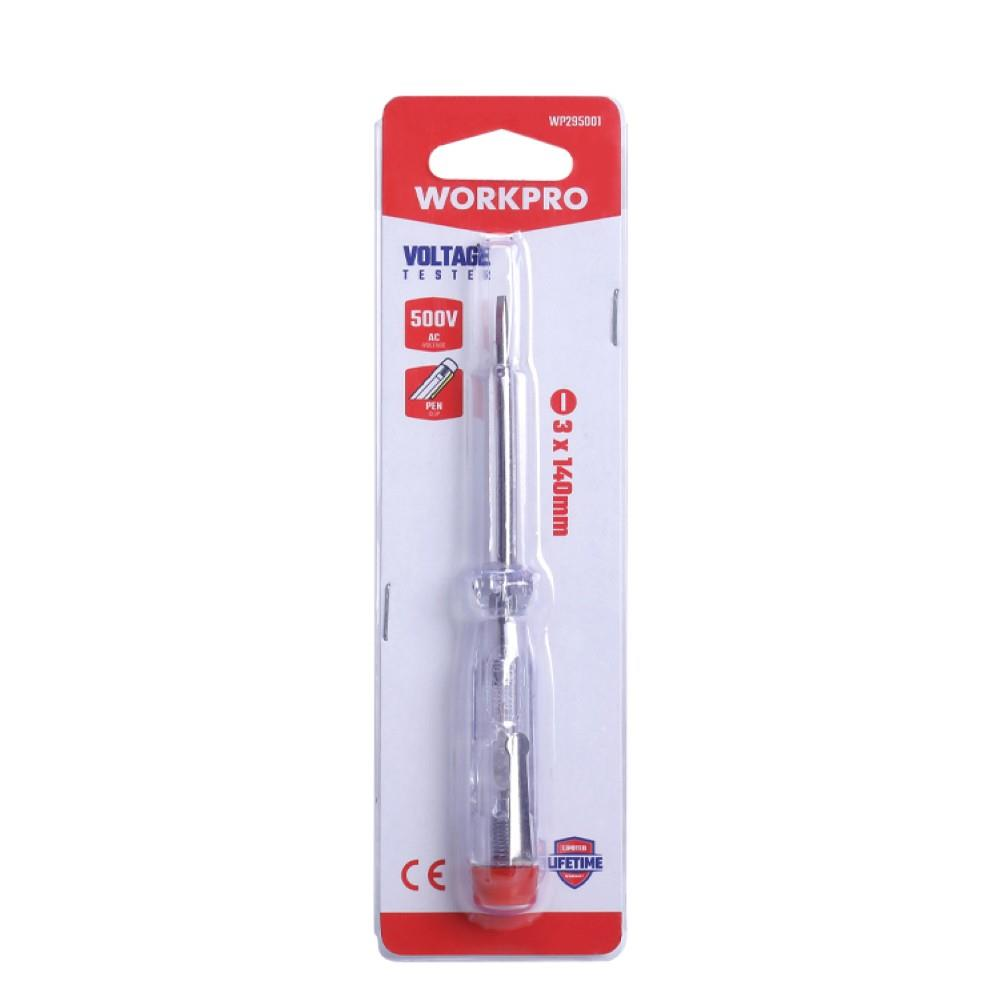 Kırmızı ve beyaz kartonlu orijinal ambalajında bir Workpro voltaj test cihazı.