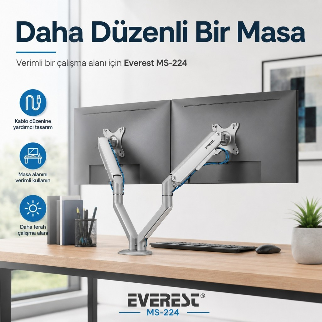 Ahşap bir masa üzerinde iki monitör tutan gümüş renkli çift monitör kolu. Arkada metin ve simgeler var.