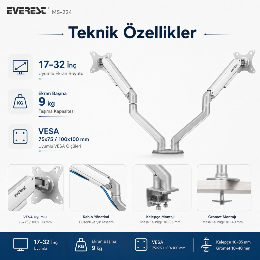17-32 inç ekranlar ve 9 kg kapasite için gümüş renkli çift monitör kolunun teknik özellikleri.