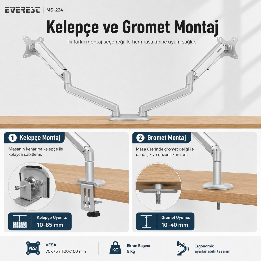 Ahşap masa üzerinde kelepçe ve gromet montaj seçeneklerine sahip gümüş renkli çift monitör kolu.