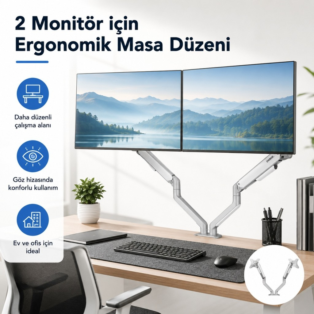 Klavye ve fare ile masada ergonomik kol üzerinde iki monitör.