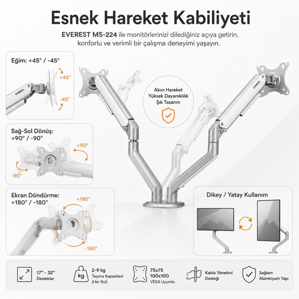Esnek hareket kabiliyetine sahip gümüş renkli Everest MS-224 çift monitör kolu.