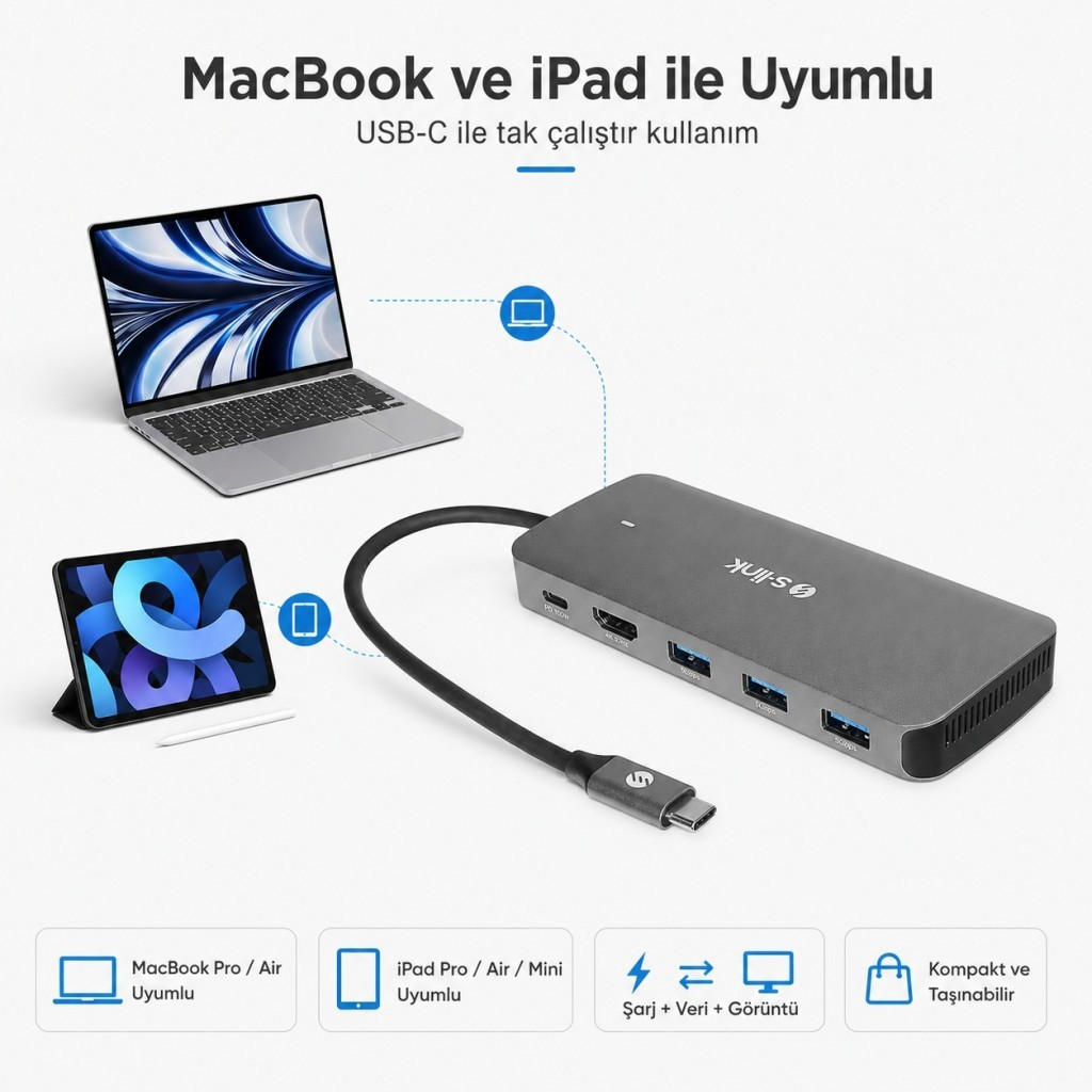 Dizüstü bilgisayar ve tablete bağlı gri USB-C çoklayıcı, üstte yazı ve altta simgeler.