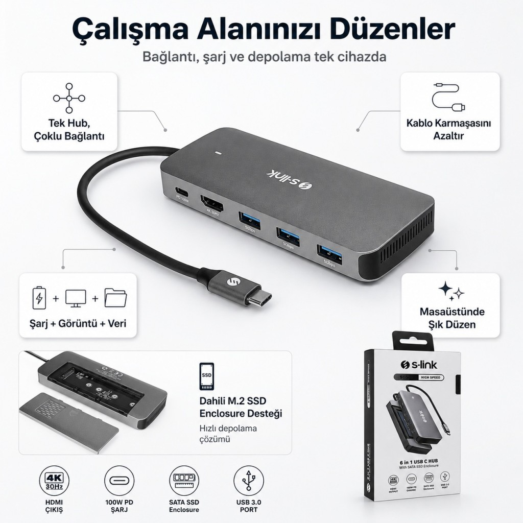 S-LINK SWV-USBC036 6in1 Gri Metal Type-C to HDMI+USB3.0+PD3.0 USB-C 3.1 M.2 SSD Okuyucu Gri