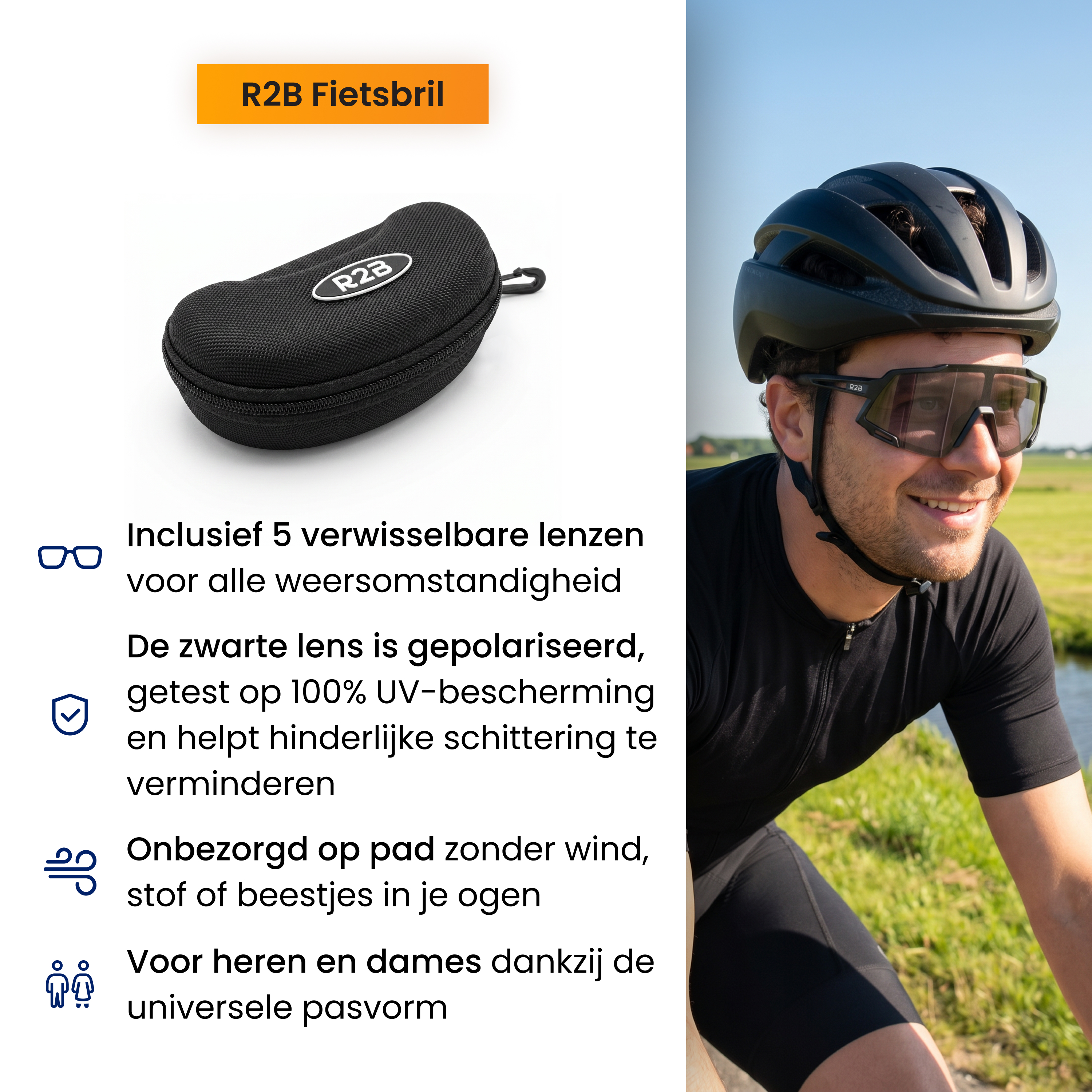 Cyclist wearing a helmet and sports glasses, next to a case and product benefits in Dutch.