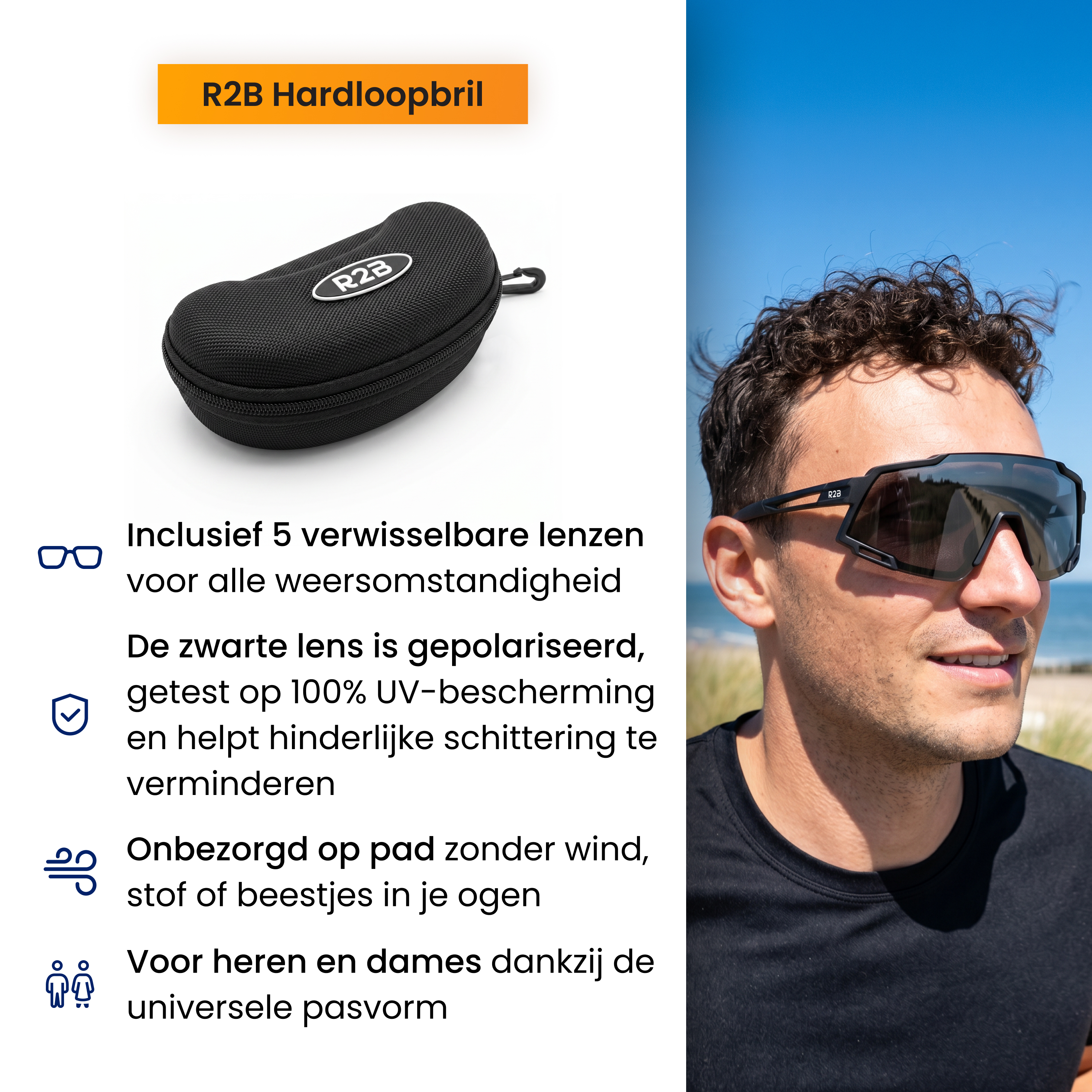 Ein Mann mit R2B Sportbrille, schwarzem Etui und Text über UV-Schutz und 5 Wechselgläser.