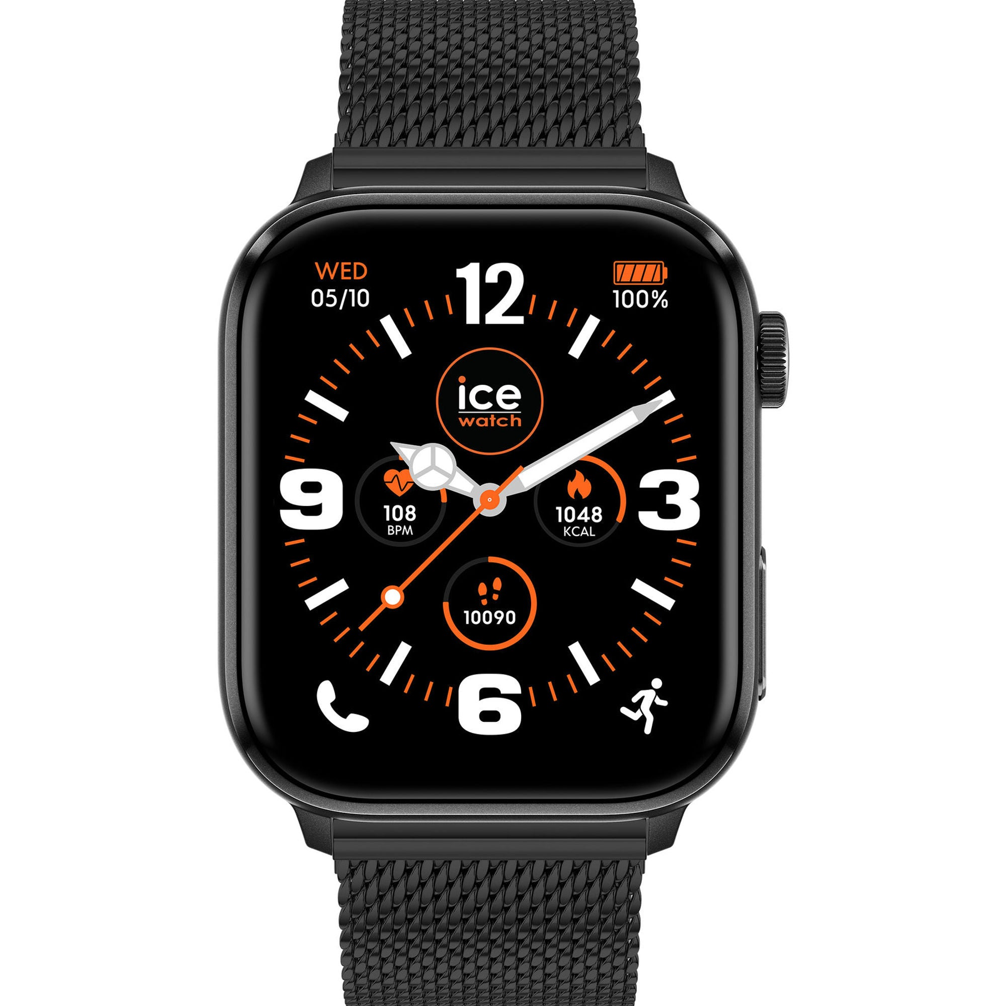 Smartwatch nero con quadrante nero e arancione che mostra data, frequenza cardiaca, calorie e passi.