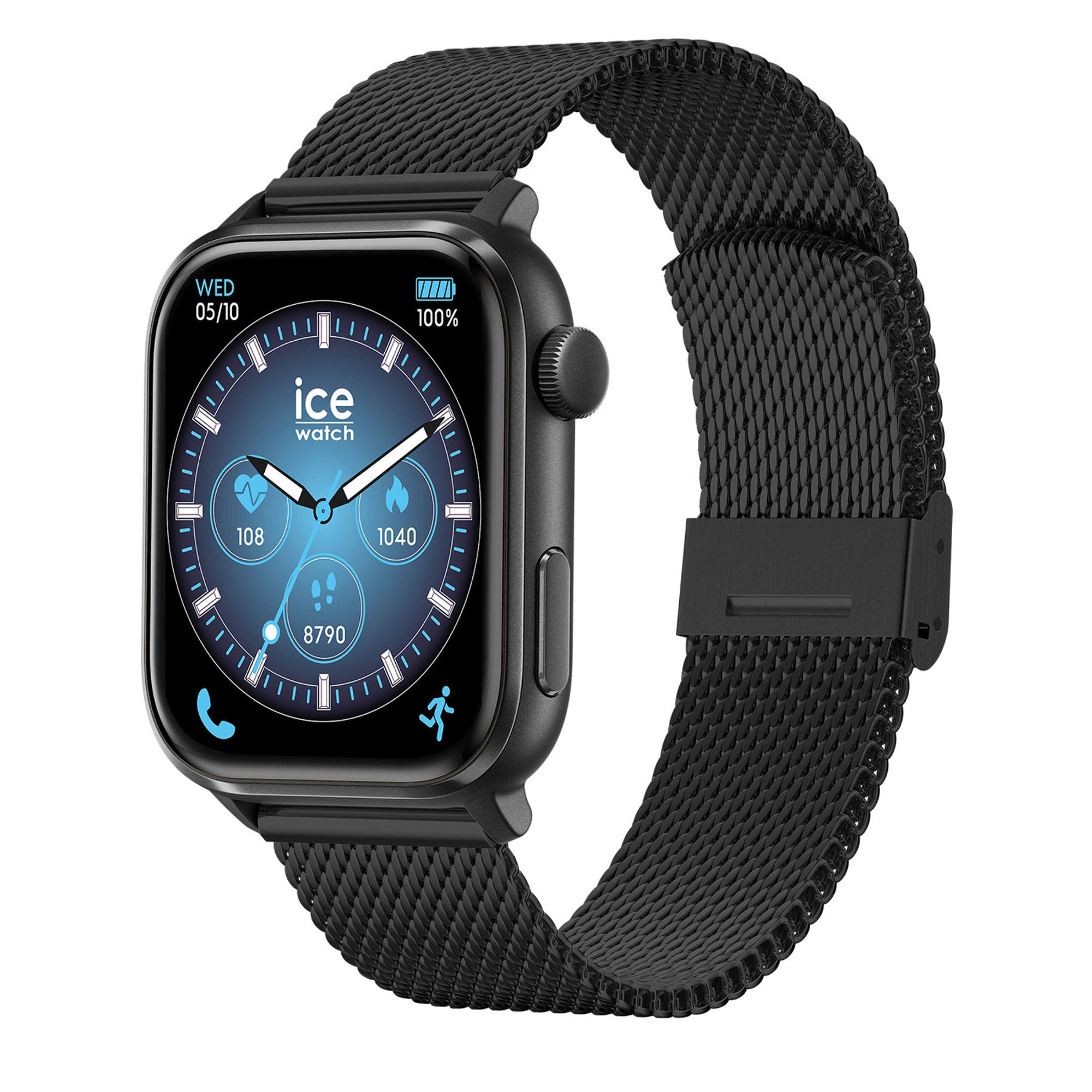 Smartwatch nero Ice-Watch con cinturino in maglia metallica e quadrante blu su sfondo bianco.