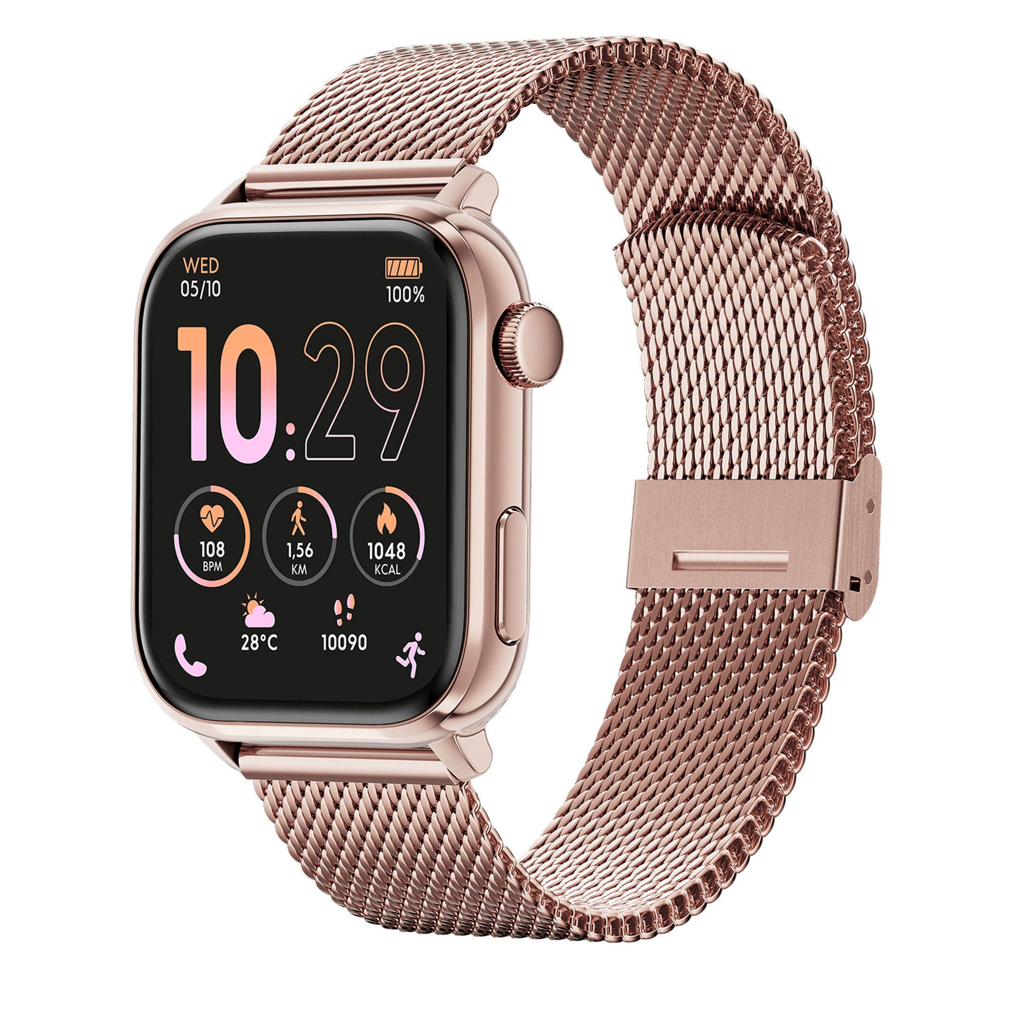 Roségoldene Smartwatch mit Metallarmband und digitalem Zifferblatt auf weißem Hintergrund.