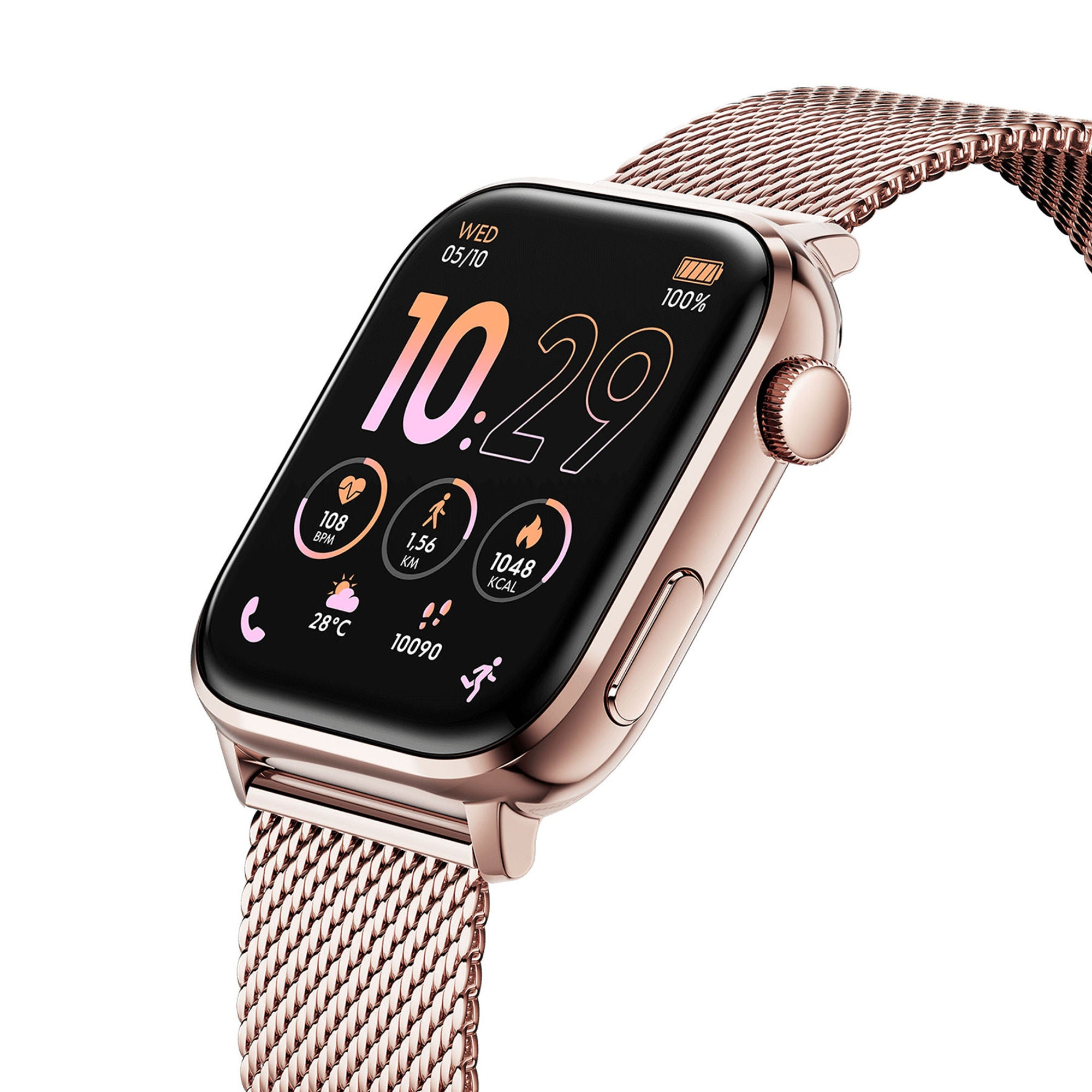 Eine roségoldene Smartwatch mit Metallarmband zeigt Zeit, Batterie, Herzfrequenz und Fitnessdaten auf schwarzem Bildschirm.