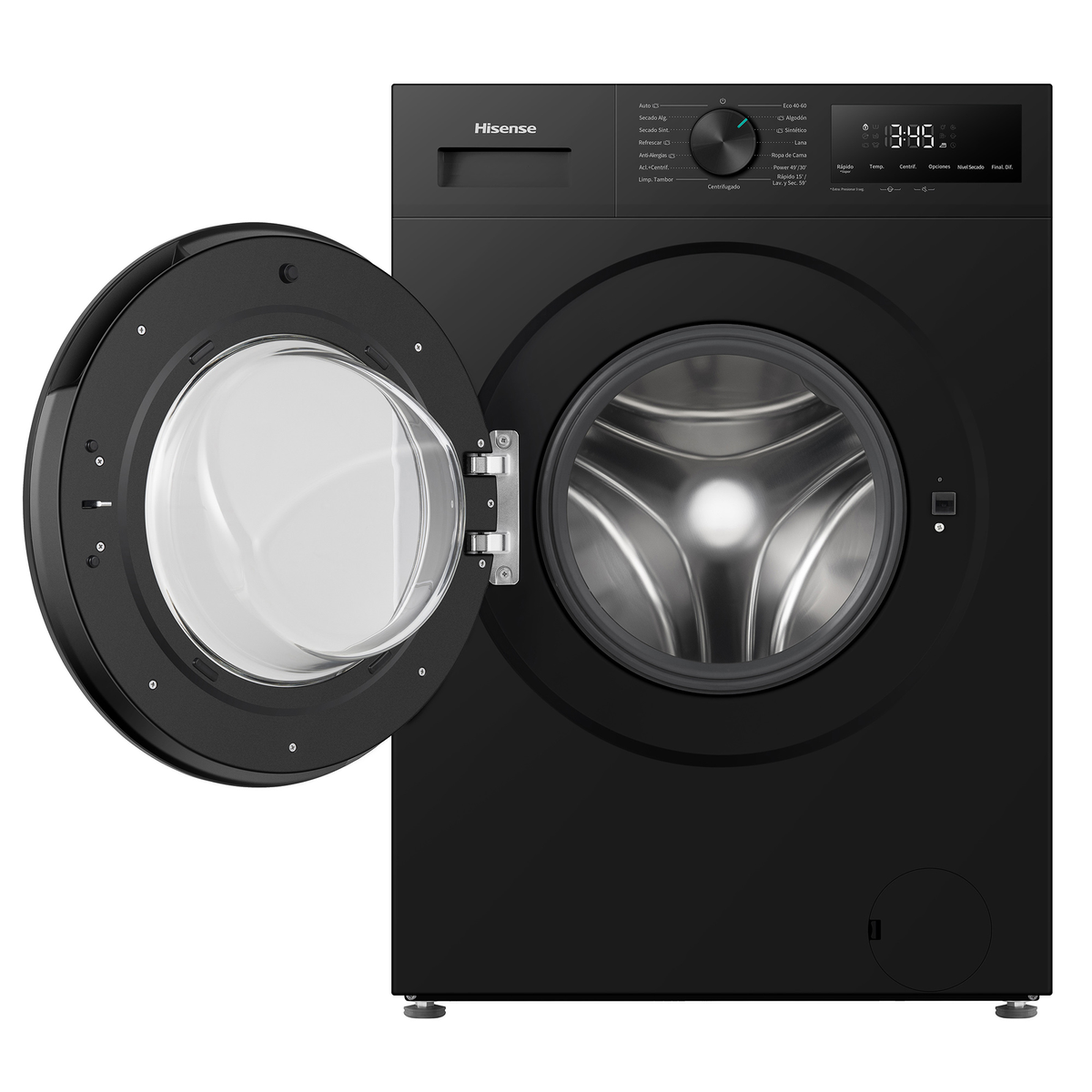 Una moderna lavadora Hisense negra con puerta abierta, pantalla digital y selector giratorio.