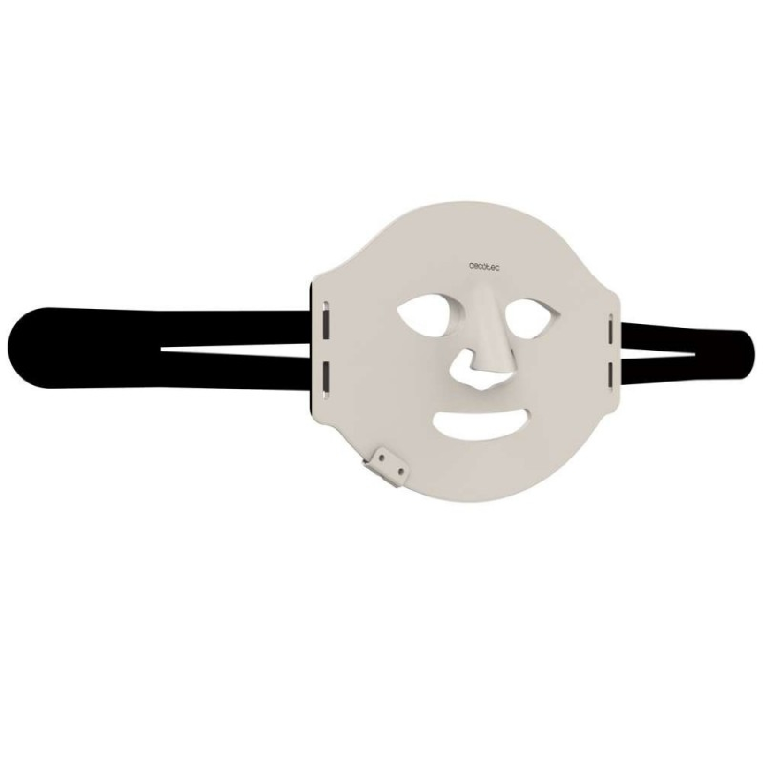 Una maschera facciale bianca con aperture per occhi, naso e bocca e cinturini neri su sfondo bianco.