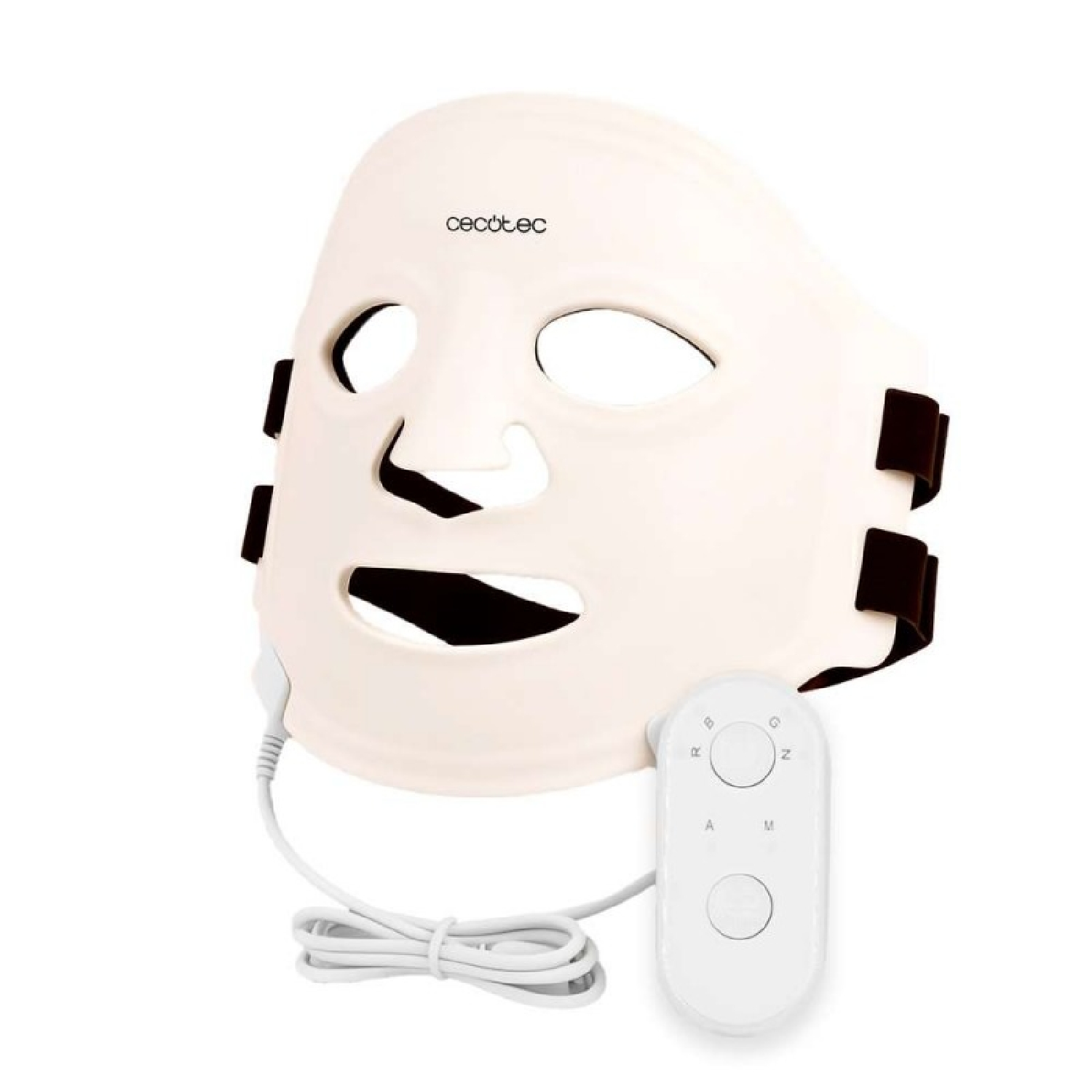 Maschera facciale LED bianca con cinturino nero e controller bianco con cavo su sfondo bianco.